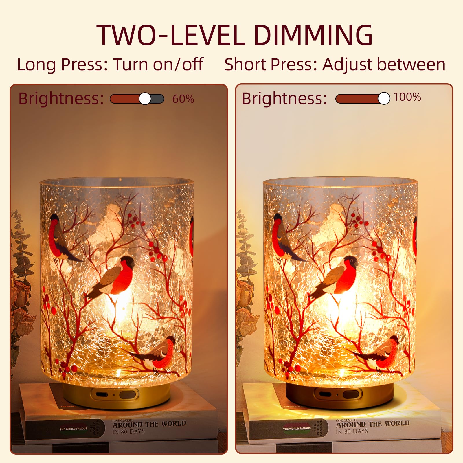 Rechargeable Battery Table Lamp Timer, Handmade Crackle Glass Lamps With Two-Level Dimmer, Emergency Cordless Lamp For Area No P