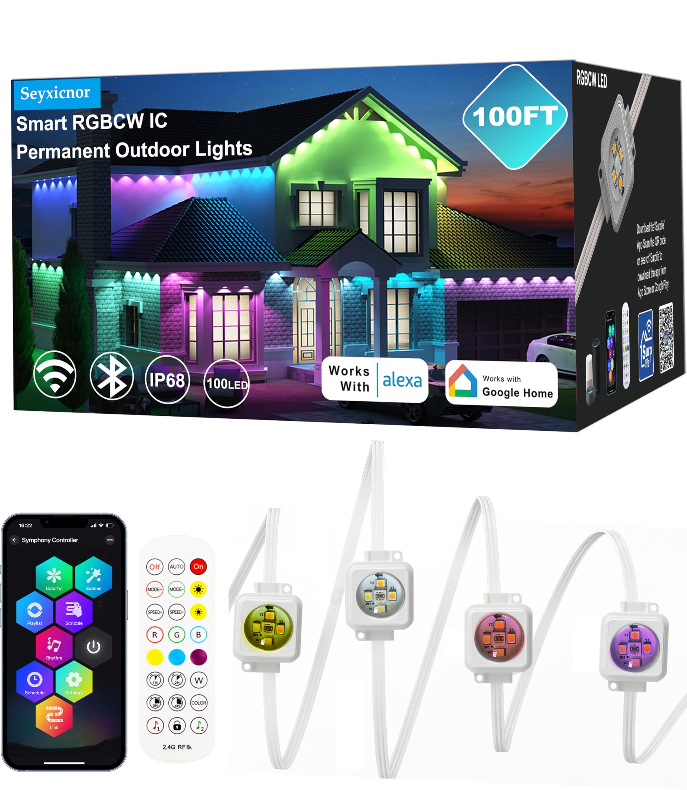 Seyxicnor 100ft Permanent Outdoor Smart Lights Pro with 60 RGBCW+IC LEDs & WiFi/Alexa Control, IP68 Waterproof Christmas Lights 