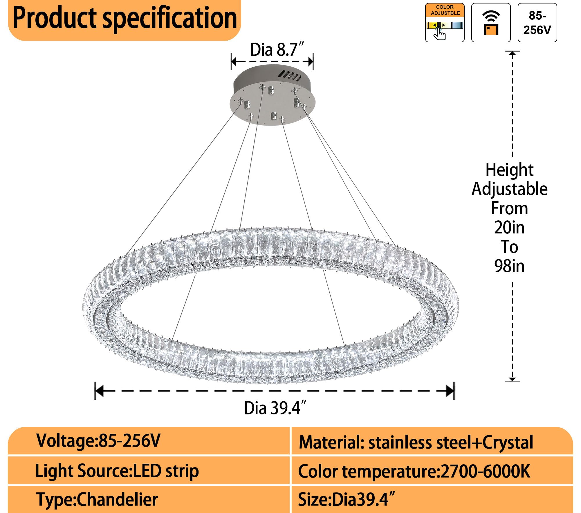 IDEQUY LED Ring Crystal Chandelier 39.4" Adjustable Chrome Dimmable 3000K-6000K for Dining Room Living Room, Model CF8022-100Y
