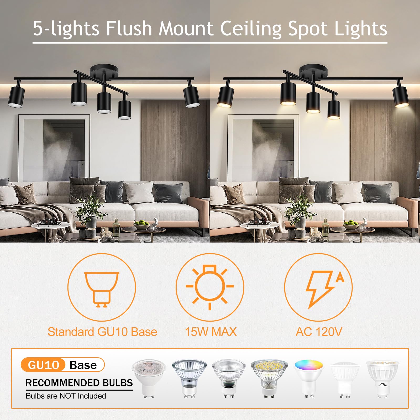 Boostarea 5 Light Track Lighting Kit, Black 5 Way Ceiling Spot Lighting, Center Swivel Track Light Heads, Flexibly Rotatable Lig