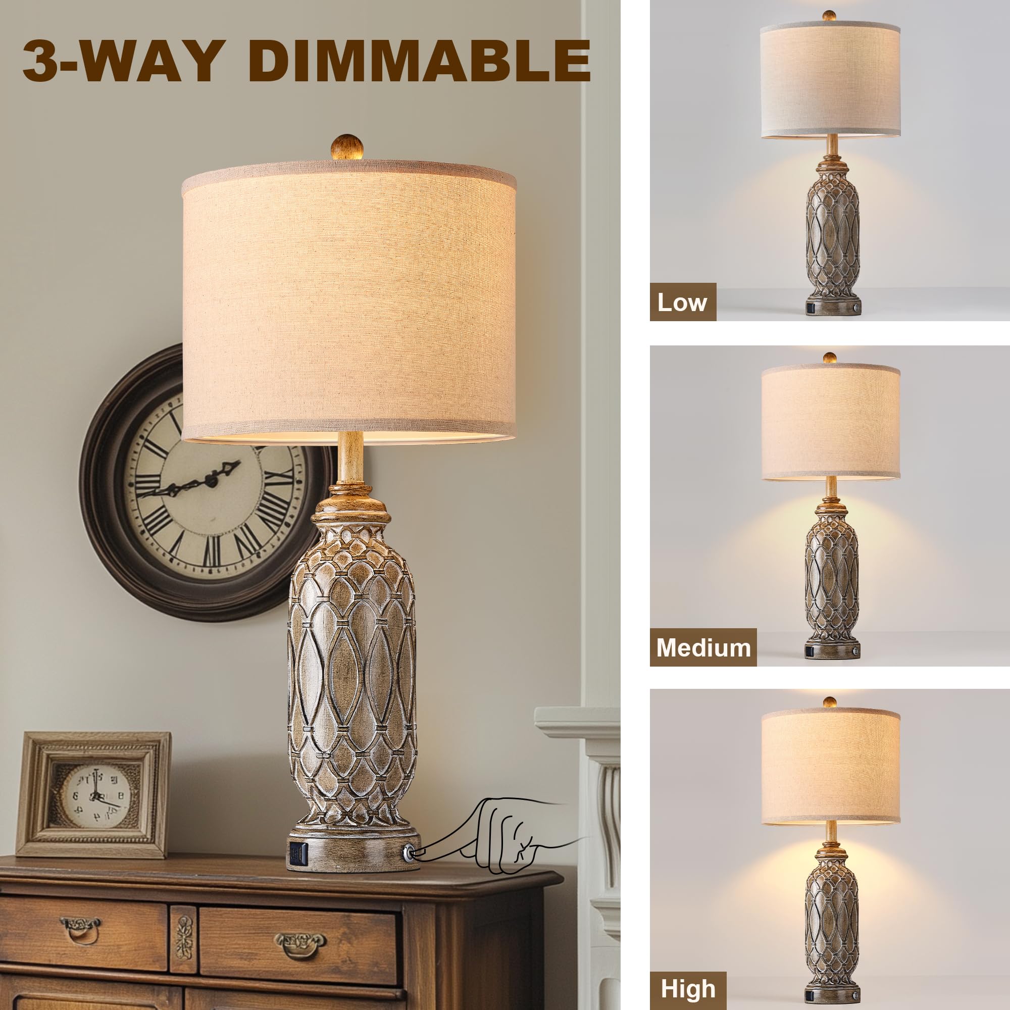 Ireliare Farmhouse Lamps For Bedroom Set Of 2, 28'' Vintagetable Lamps For Living Room With Usb A+C Charging Ports, Touch Lamps