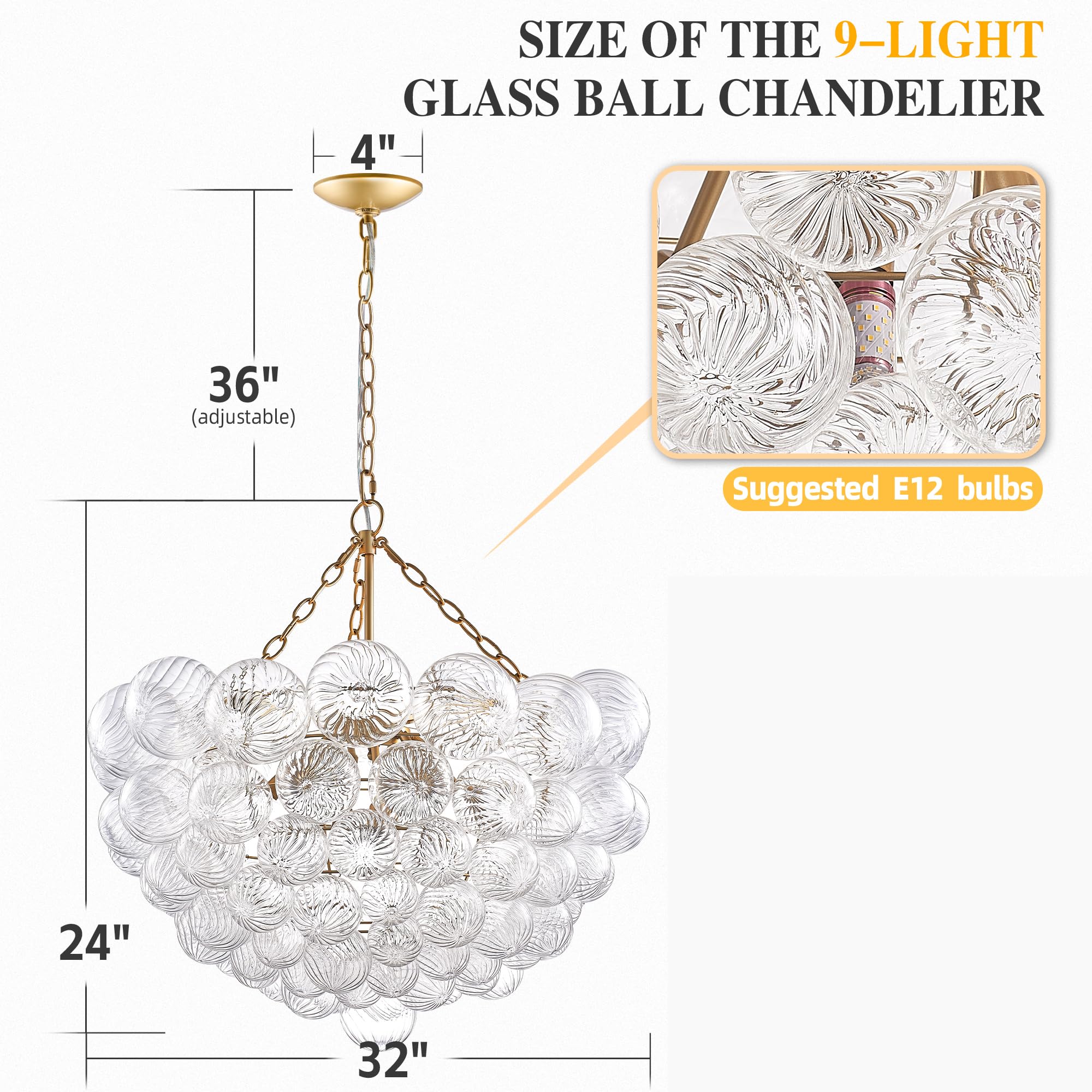 BeyPan Bubble Chandelier, 32" Clear Ribbed Glass Art Deco Light Fixture, LR1507 for Living Room, Bedroom, Kitchen Island