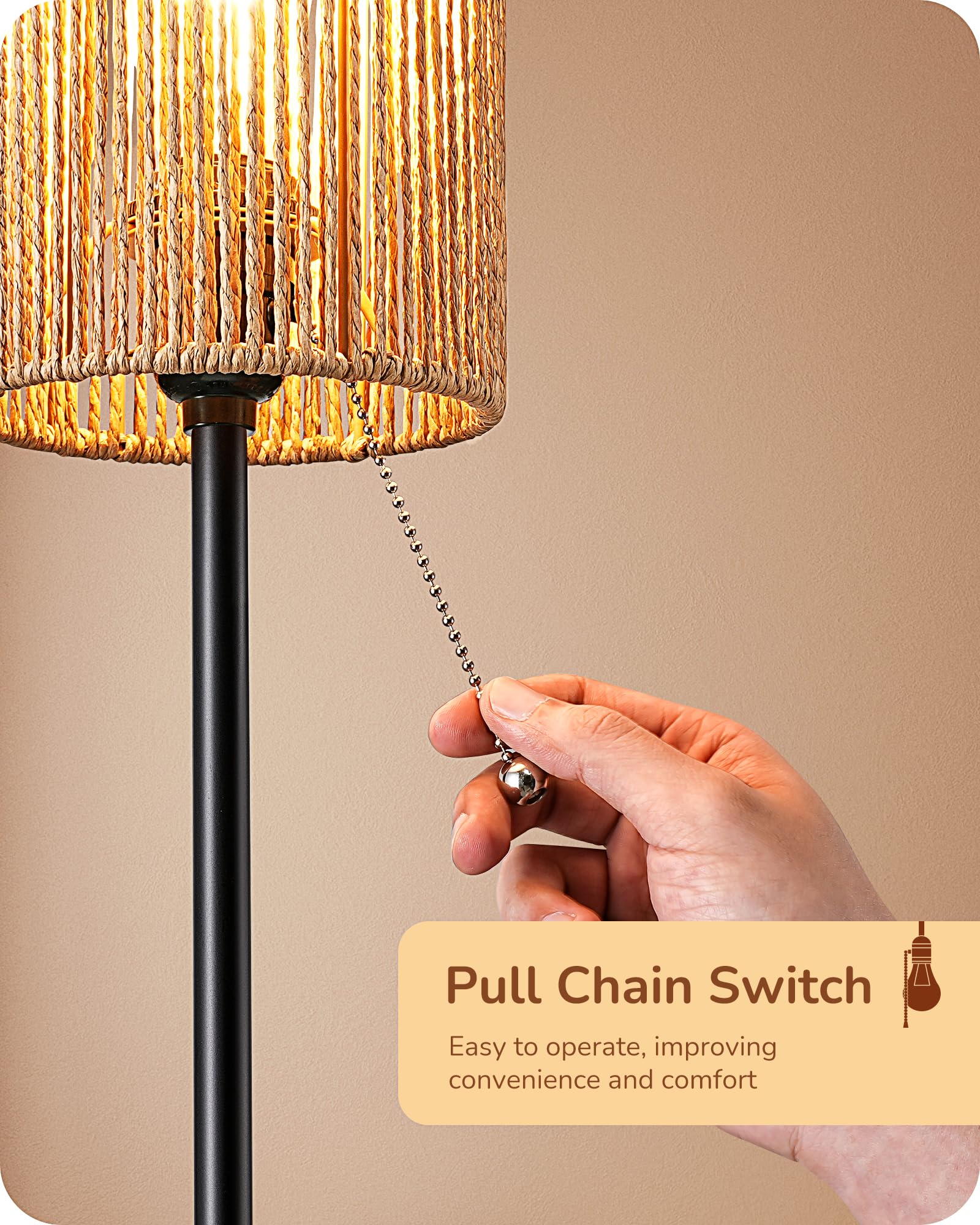 Edishine Tall Table Lamp, 19.1'' Rattan Bedside Lamp With Vertical Woven Shade & Pull Chain Switch, E26 Socket, Metal Base, Boho