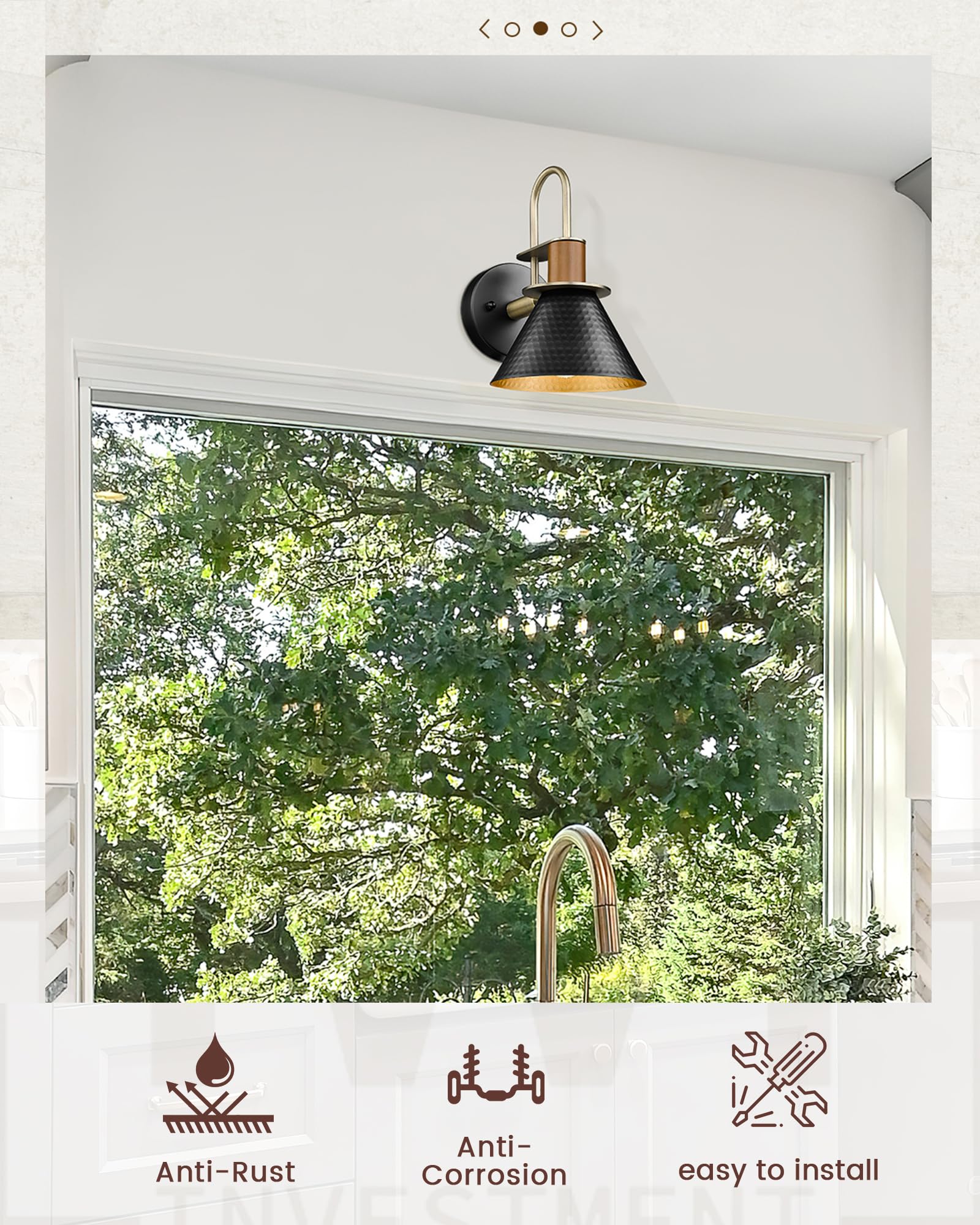 Hwh Modern Wall Sconces Set Of 2, Industrial Gooseneck Lighting, Hammered Metal, Black & Gold