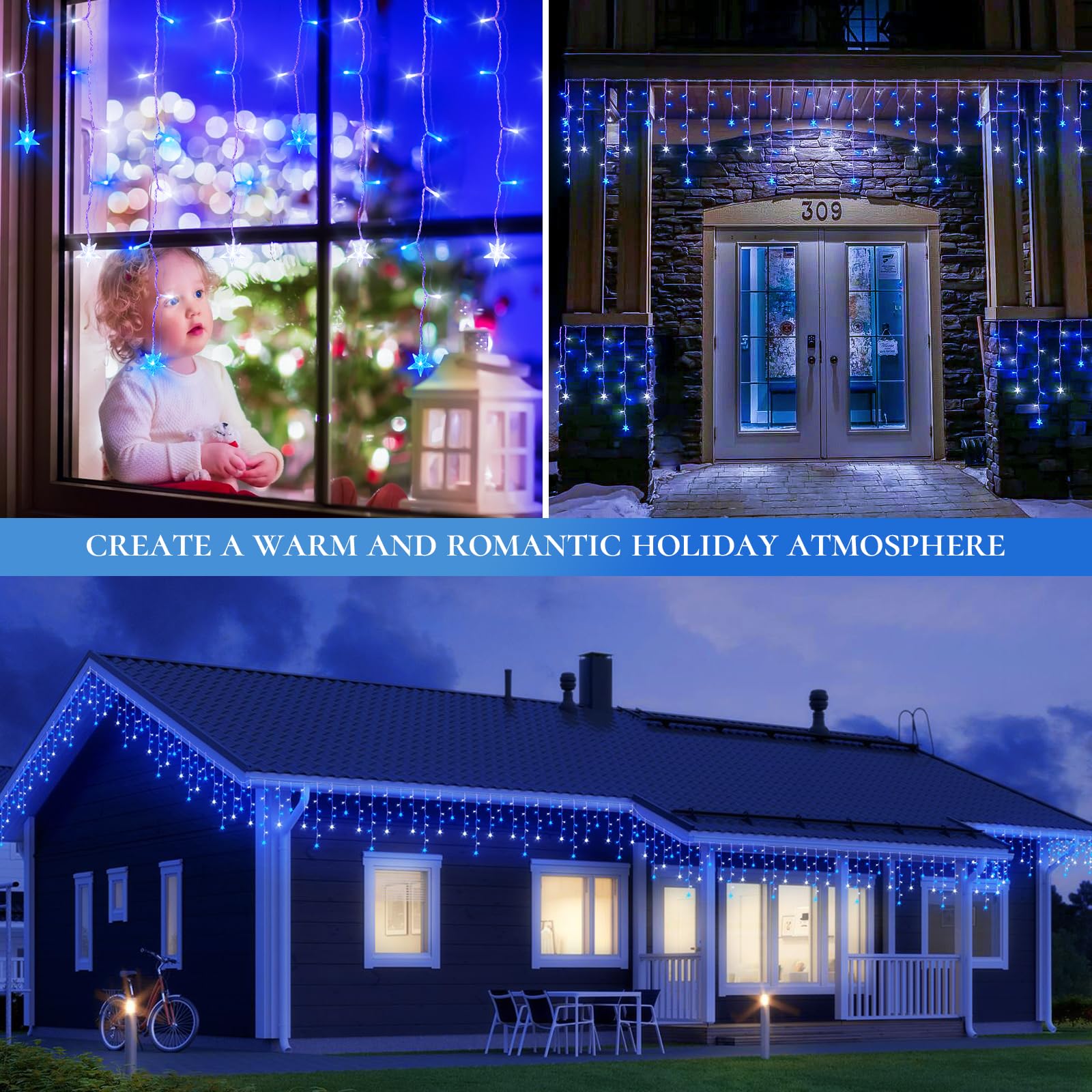 Oopswow Icicle Lights Outdoor 200 LED Curtain Fairy Lights, 16.5FT, Blue & White, 8 Modes with Timer, Perfect for Weddings & Christmas Decor