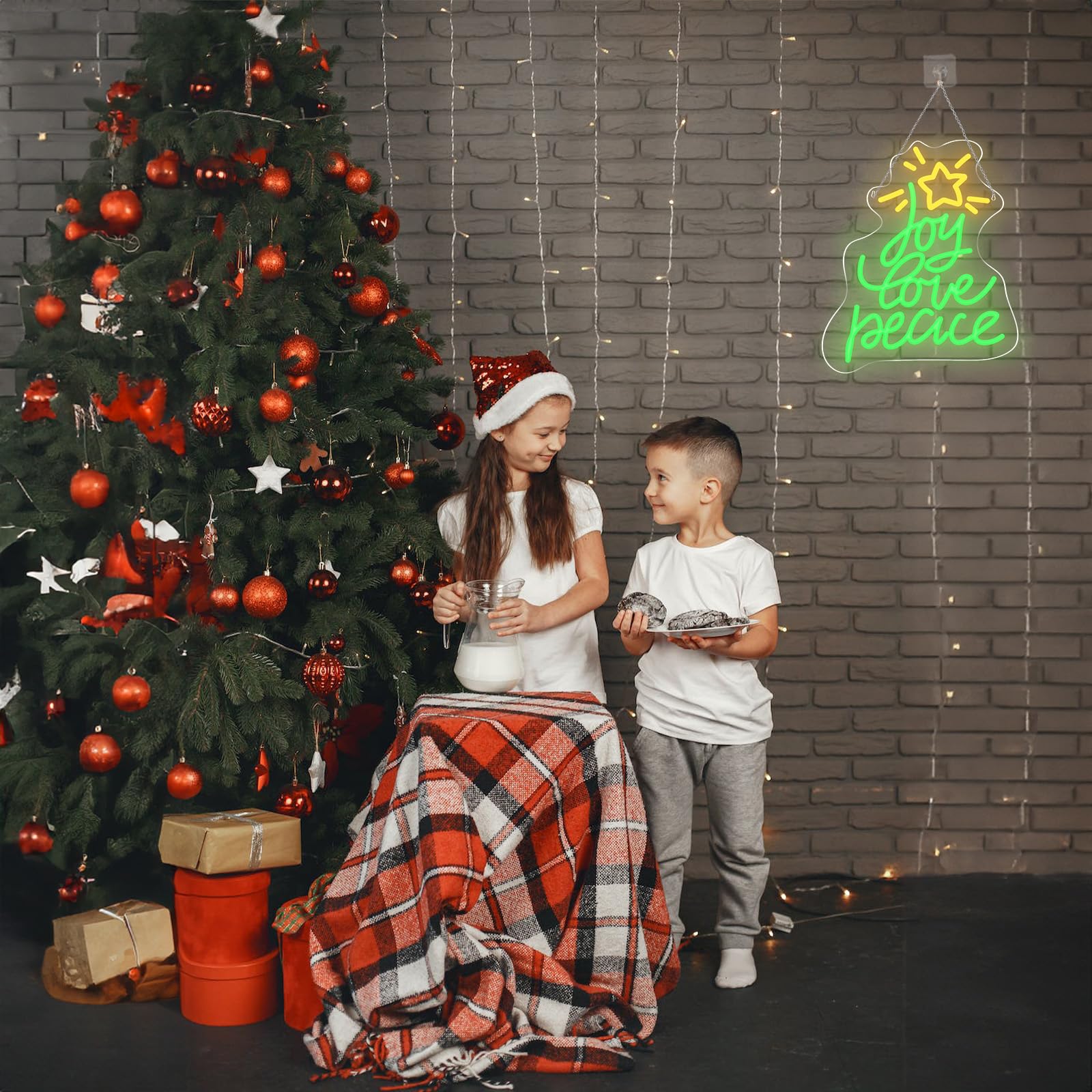 Lingqiang Christmas Tree Neon Sign, USB Powered LED Light, 14.3inx10.6in, Green Yellow - Joy Love Peace, Holiday Wall Decor
