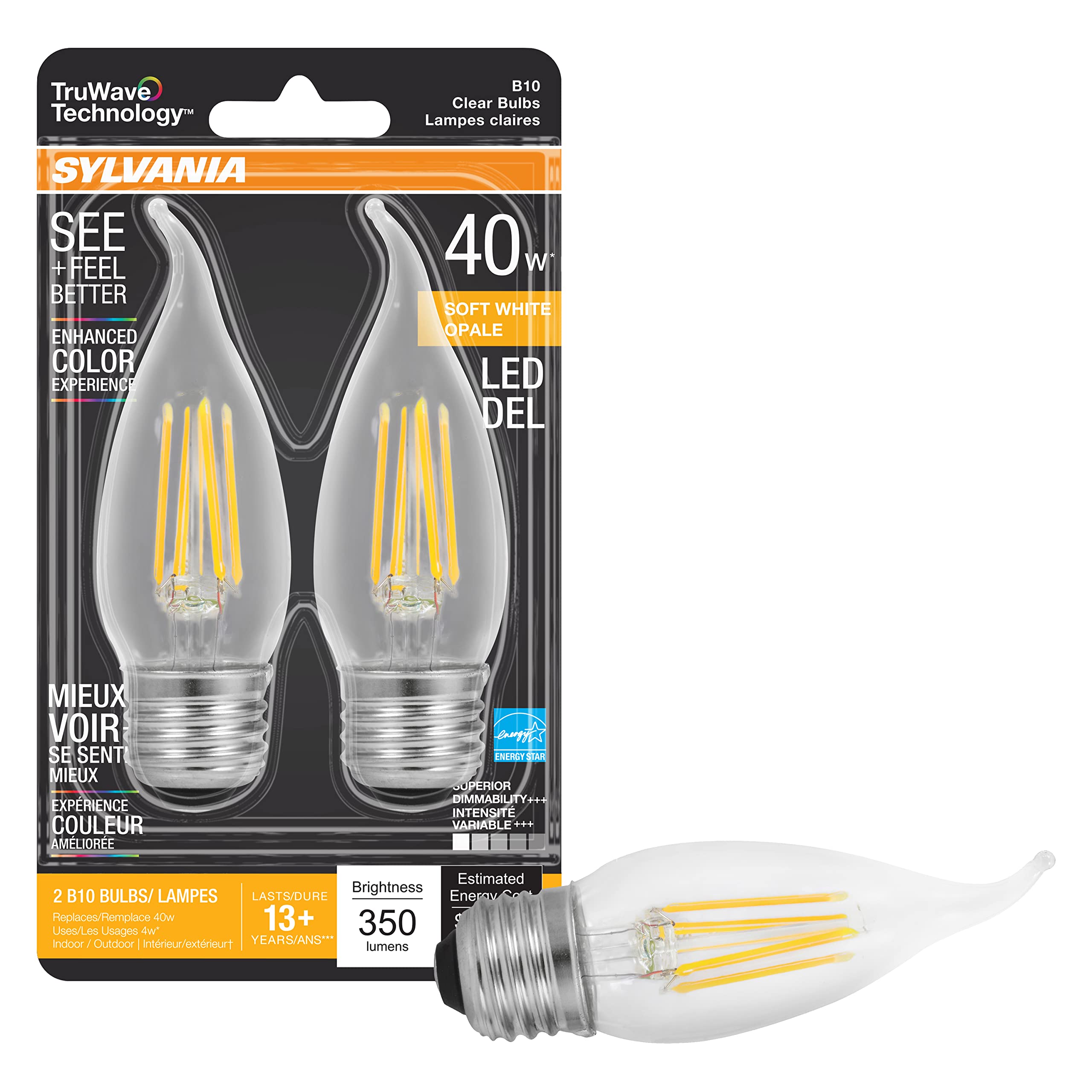 LEDVANCE SYLVANIA LED Candelabra Bulb 40W Dimmable Clear Soft White 2 Pack Model 40756