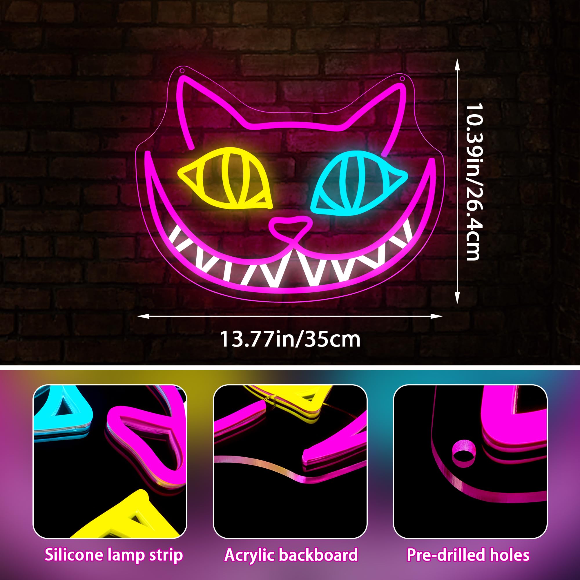 DYUAI Cat Neon Sign - Dimmable LED Wall Decor, Acrylic, 13.7"x10.3", Rose Red+Lemon Yellow+Ice Blue, Ideal for Living Room, Man