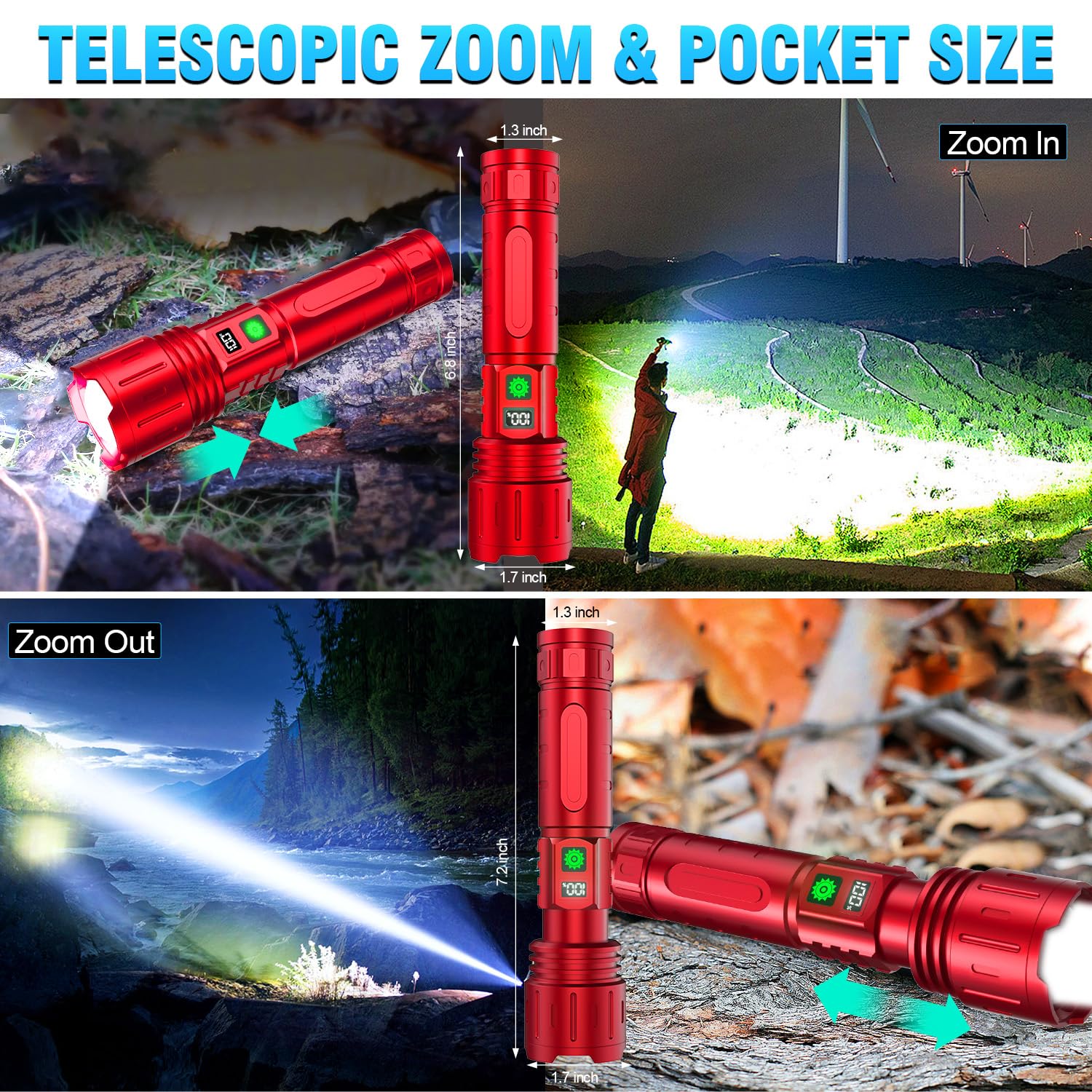Flashlights 20000 High Lumens Rechargeable - 1500 Meters Long Beam Super Bright Led Flash Light With Power Display & Ipx5 Waterp