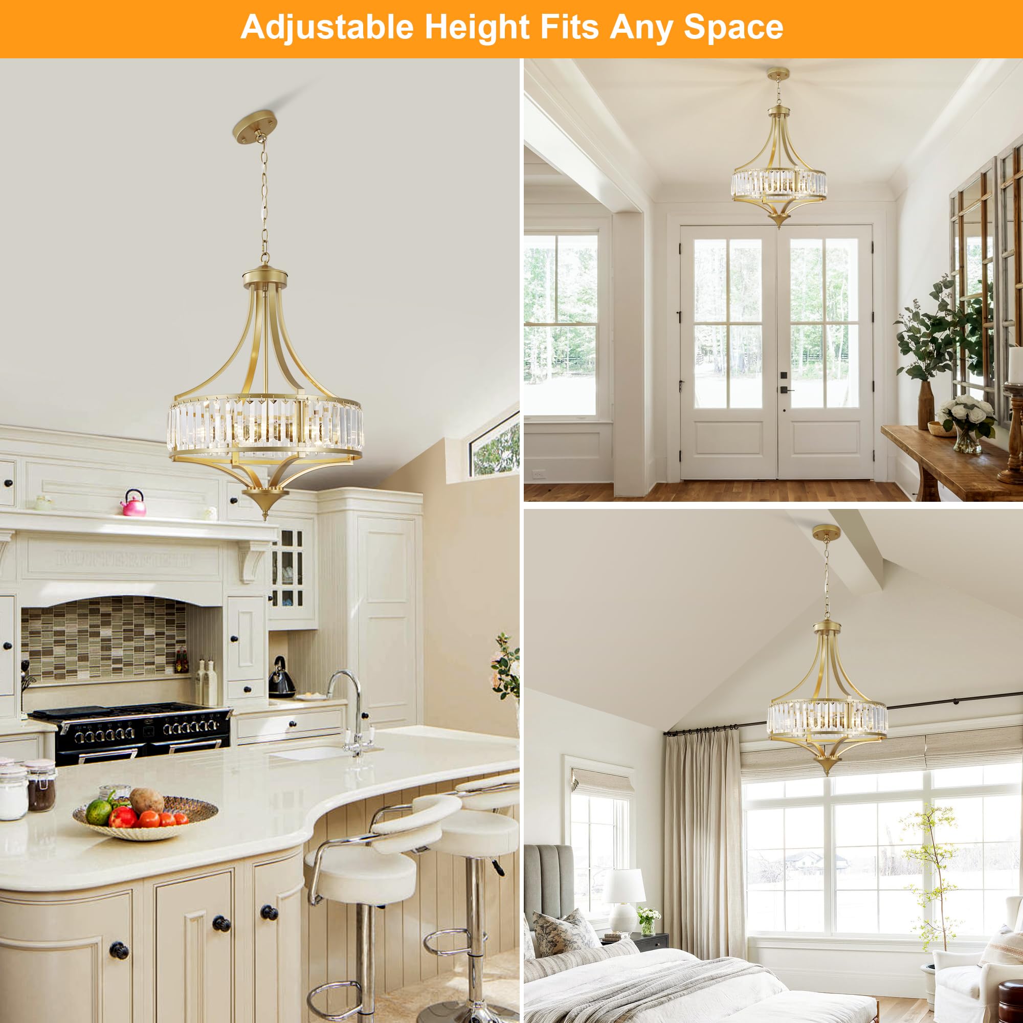 CNRATYE 20" Gold Crystal Chandelier, 5-Light Metal Pendant Light Fixture for Dining Room, Kitchen Island, Entryway, Bedroom