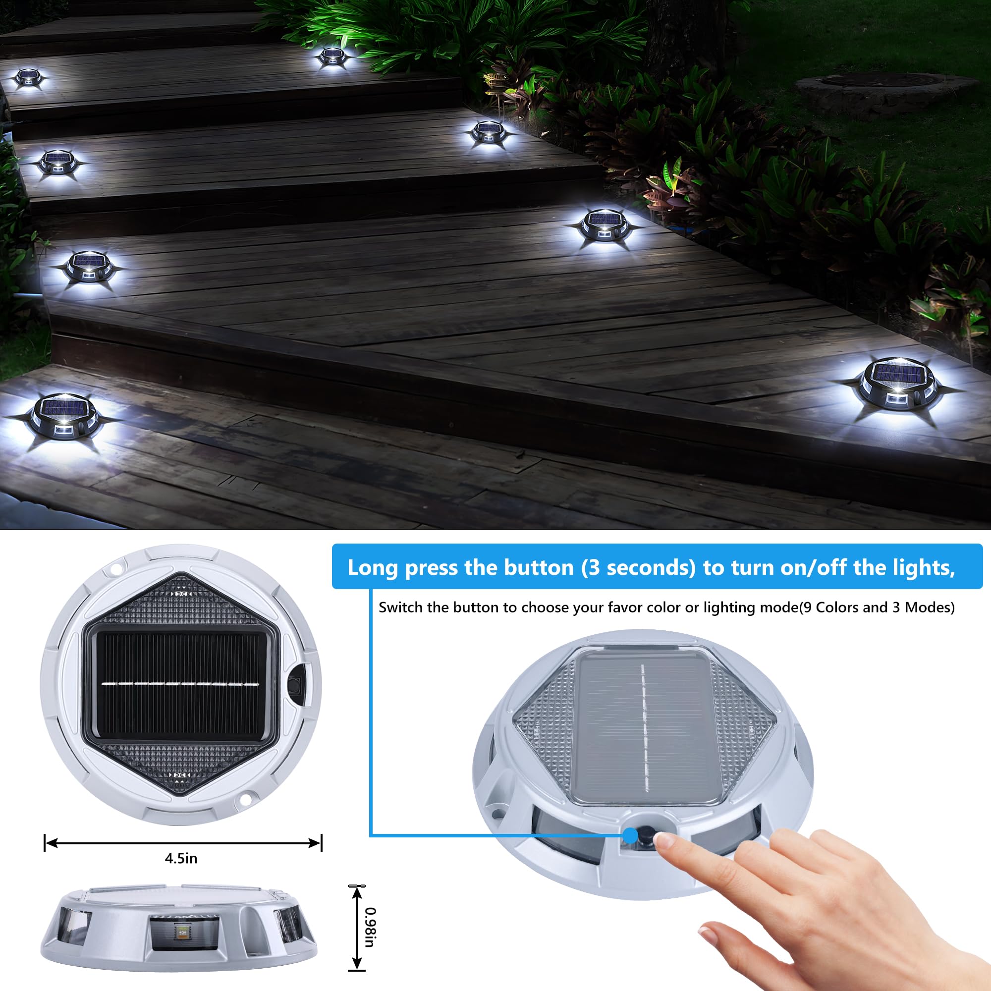 Solar Deck Light Outdoor, 12 Pack 9 Colors in 1 Solar Driveway Dock Lights, IP67 Waterproof Solar Powered Outdoor Light, RGB Ste