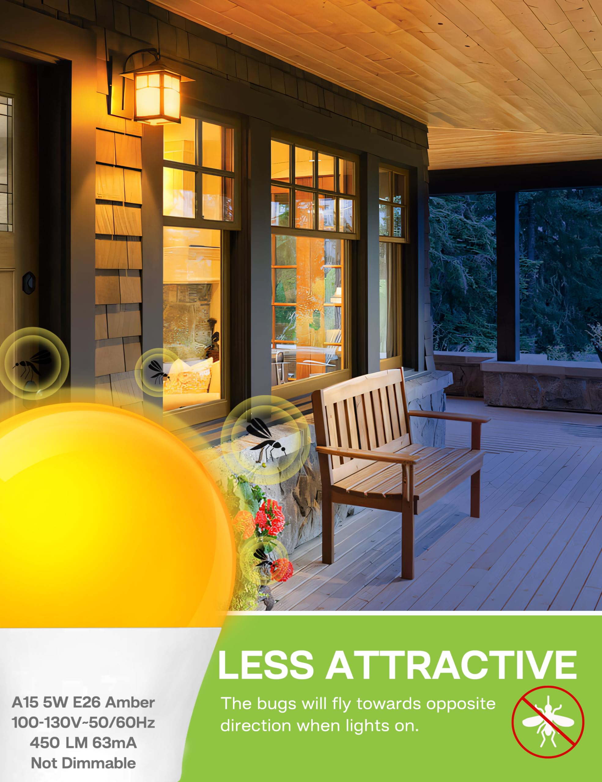 Led Amber Light Bulbs, 40W Equivalent A15 Led Bulb, 5W Energy Saving Yellow Bulbs, E26 Base, 2000K Amber Light For Porch, Patio,