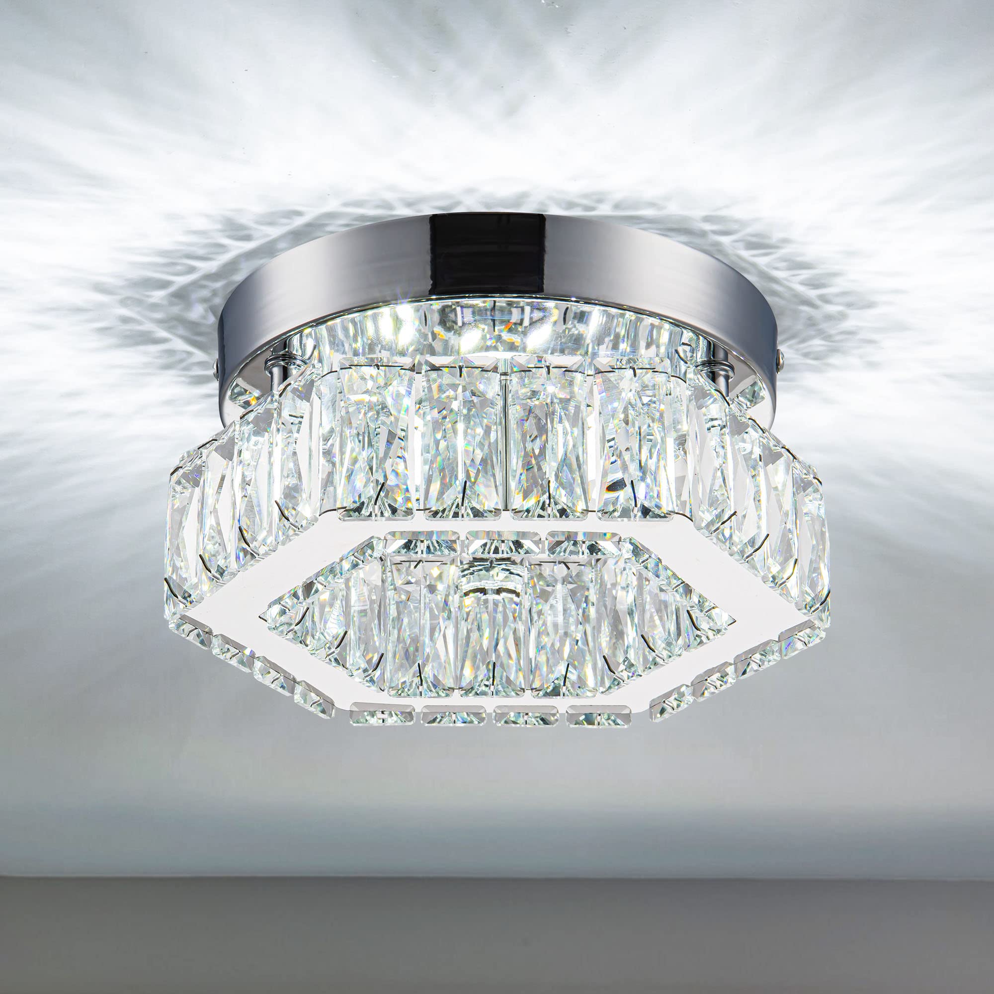 Homlaiting Mini Crystal Chandelier Led Flush Mount Light, Cool White For Bedroom & Kitchen