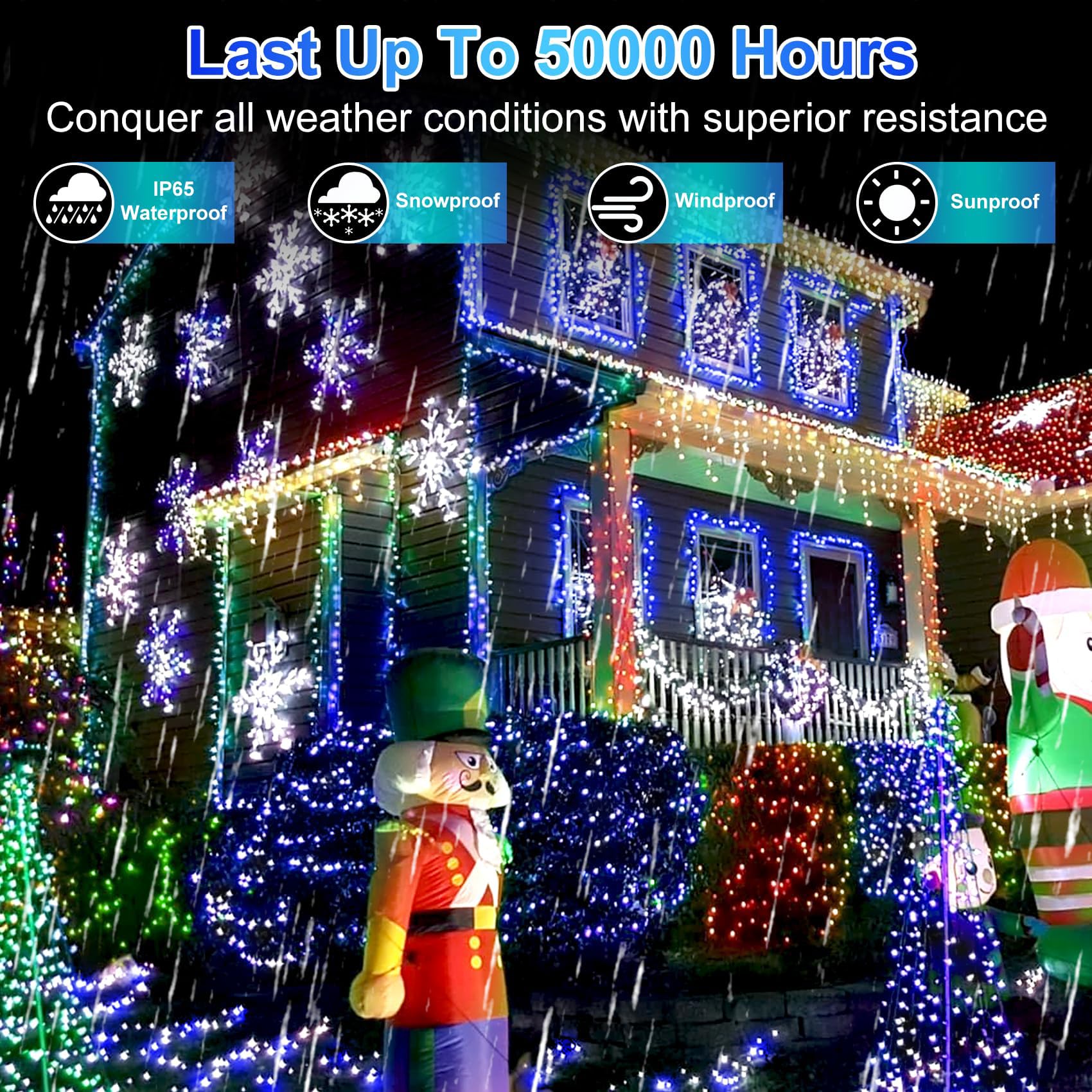 WUXYIYANG 750 LED Outdoor Christmas Lights 256FT Waterproof Dark Green Wire 8 Modes Timer Blue & White