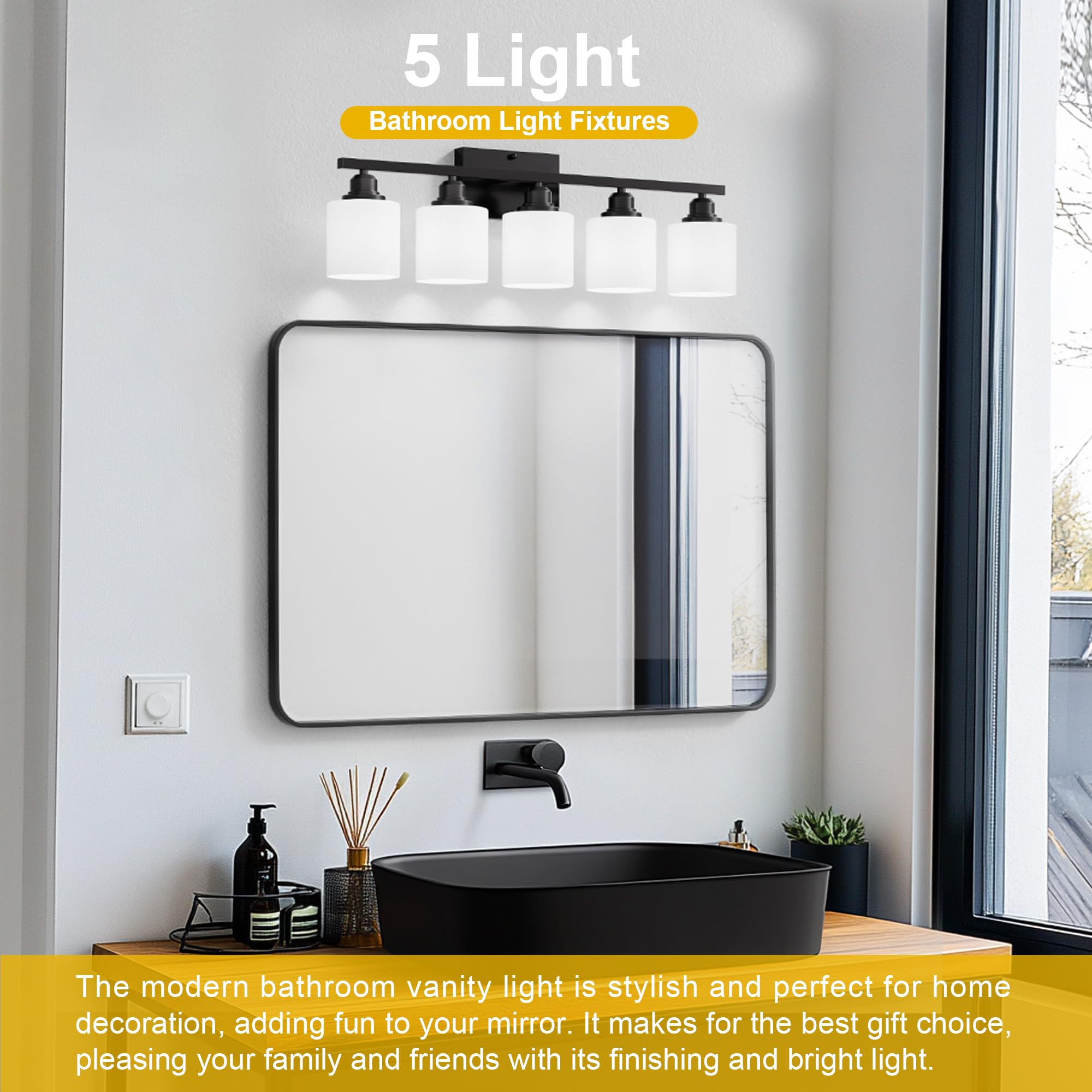 Sailstar 5-Light Bathroom Light Fixtures, Matte Black, Glass Shade, Model CP-JQD-H-001