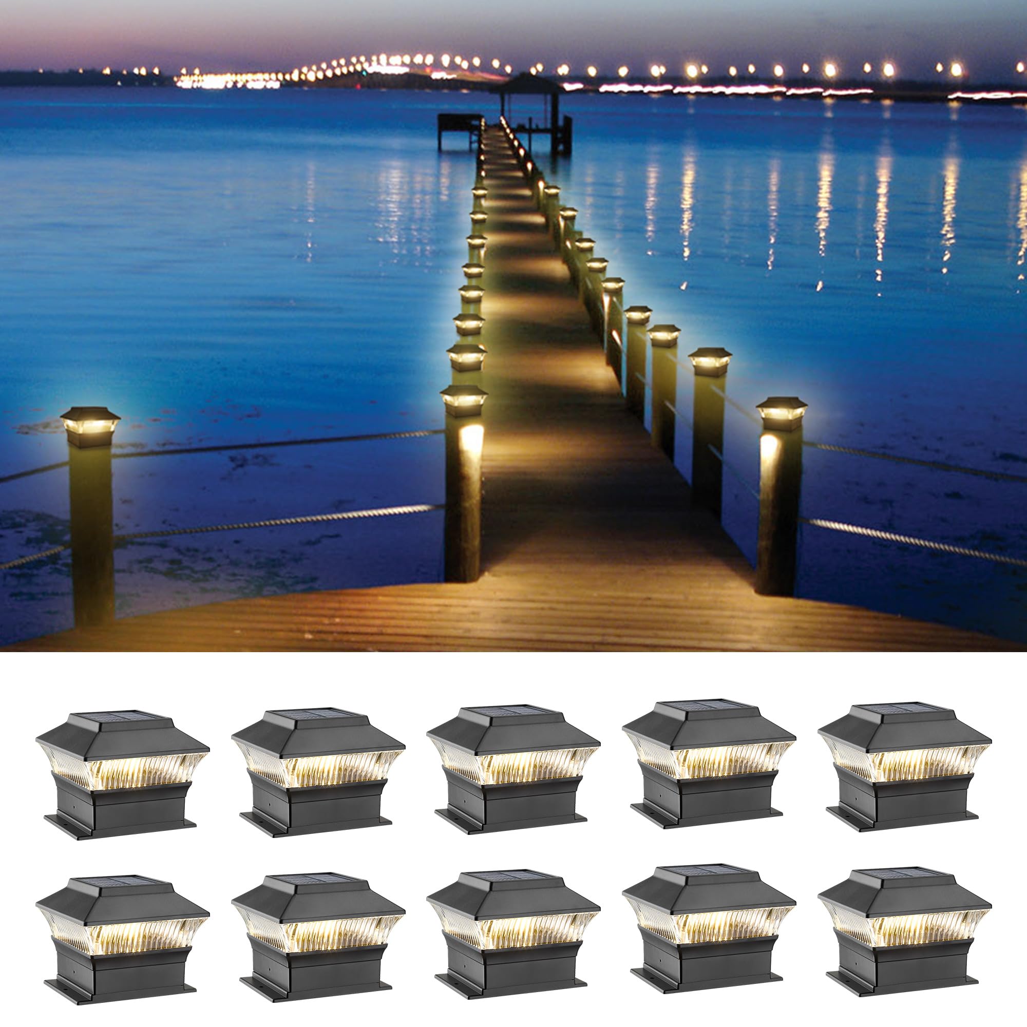 Moon-De-Age Solar Powered Fence Lights, 4X4/4X6 Post Cap, 10 Pack, 25 Lum