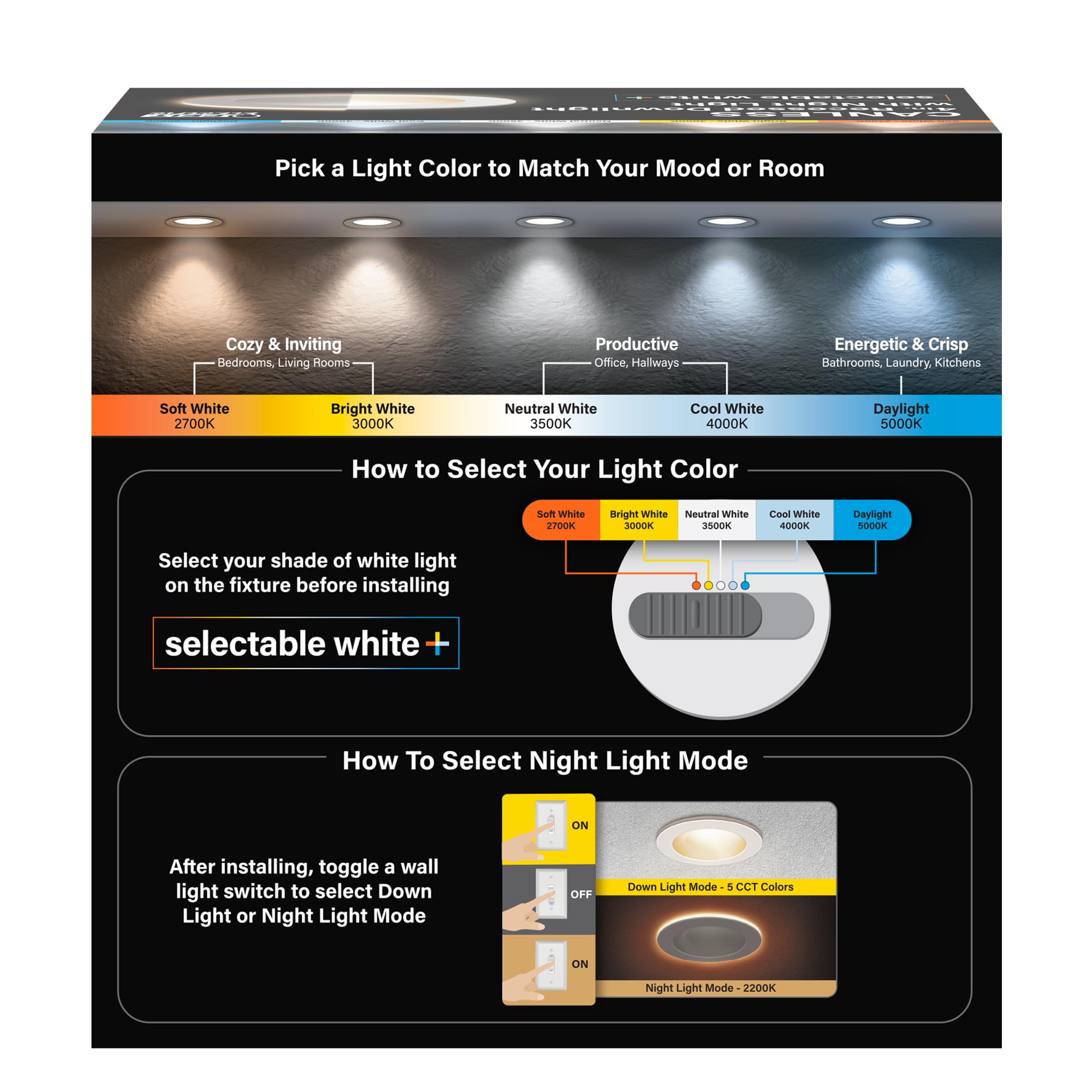 Feit Electric 4'' Led Canless Recessed Downlight With Night Light Mode And Integrated J-Box, 75W Eq, Dimmable, 5Cct Selectable W