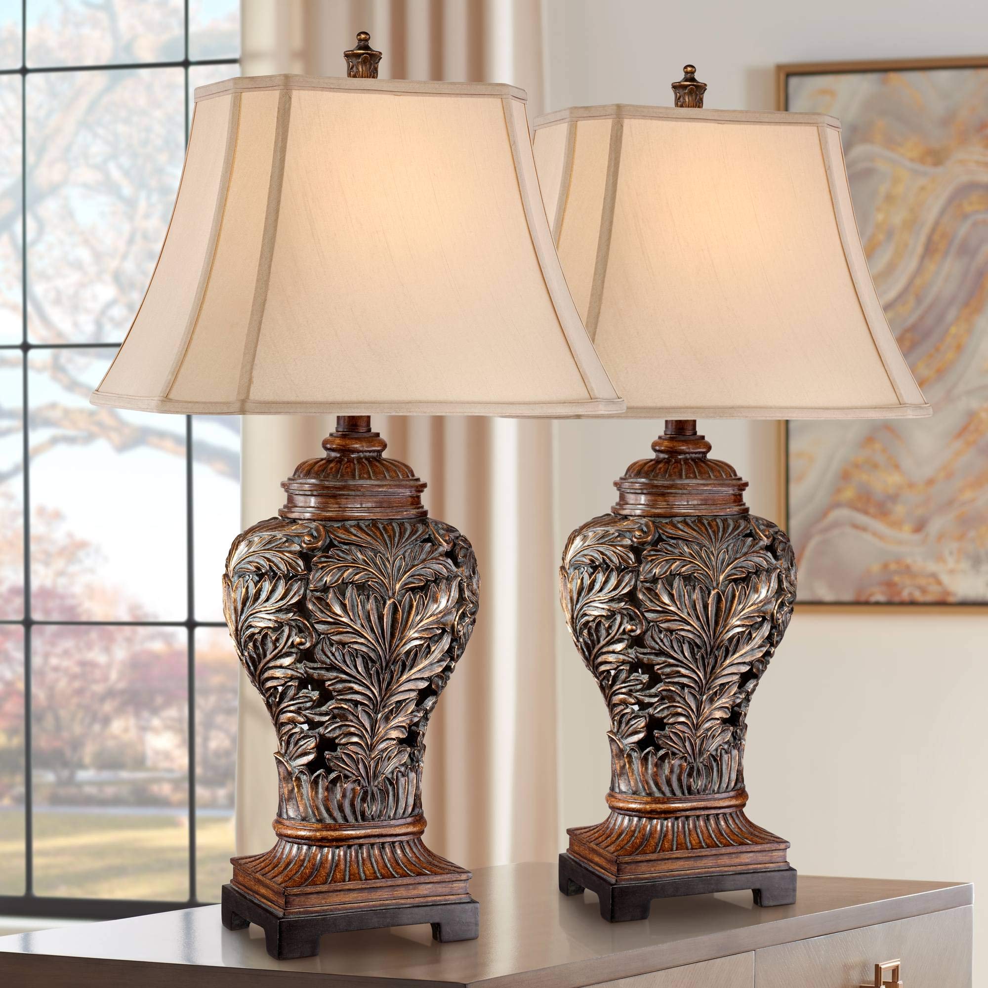 Barnes and Ivy 32.5" Tall Table Lamps Set of 2 Bronze Brown Leaf Vase Tan Shade for Living Room Bedroom Home Office