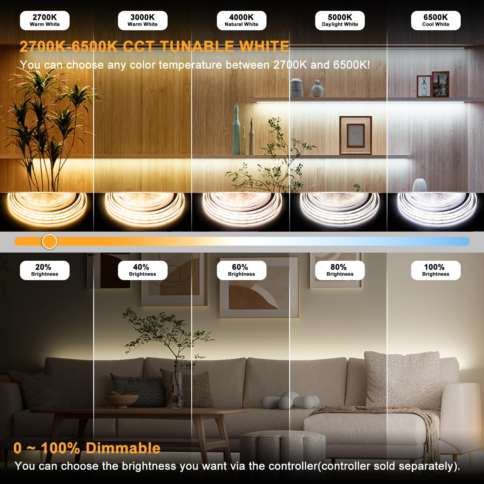 Pautix Cob Led Strip Light White Cct Tunable 3200Leds,Cri90+ 16.4Ft/5M Dimmable 2700K-6500K 24V Led Tape Light,For Under Cabinet