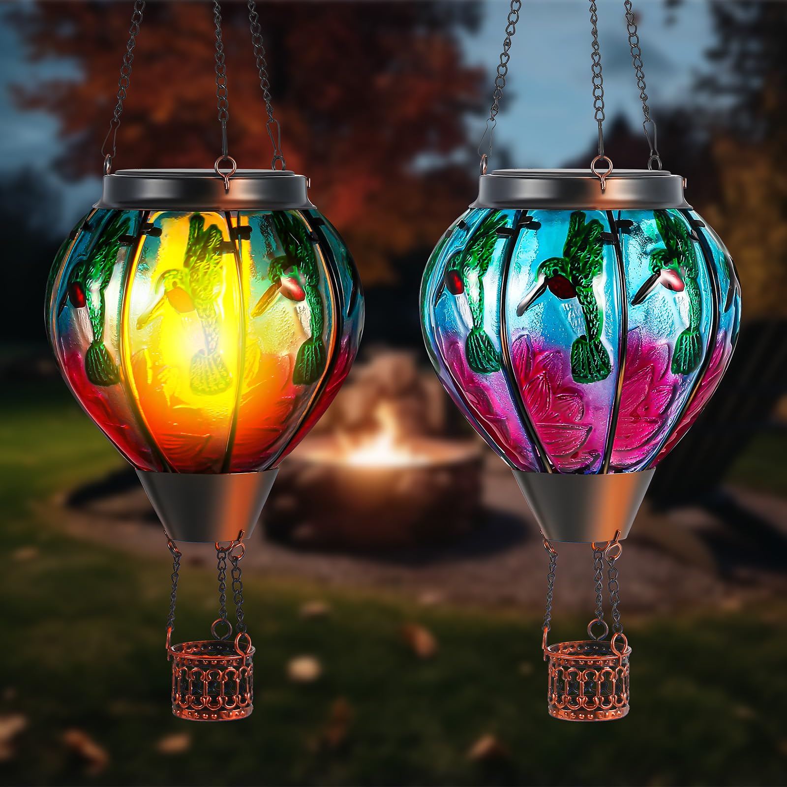 Tujoe 2 Pcs Glass Hot Air Balloon Solar Lantern with Flickering Flame Hummingbird Outdoor Garden Decor Waterproof Hot Air Balloo