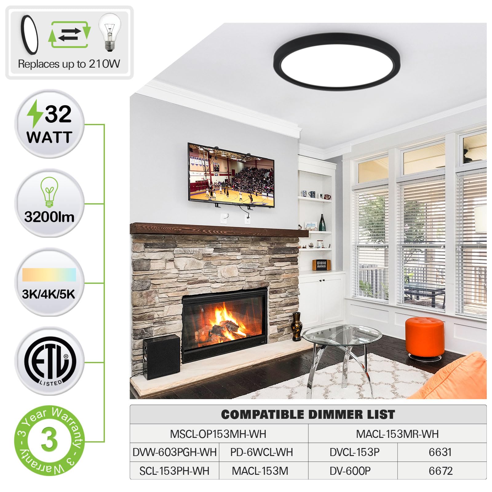 Hykolity 18 Inch Led Round Flat Panel Light, Black, 32W, 3200Lm, 3000K/4000K/5000K Cct Selectable, 120?Beam Angle, Dimmable Edge