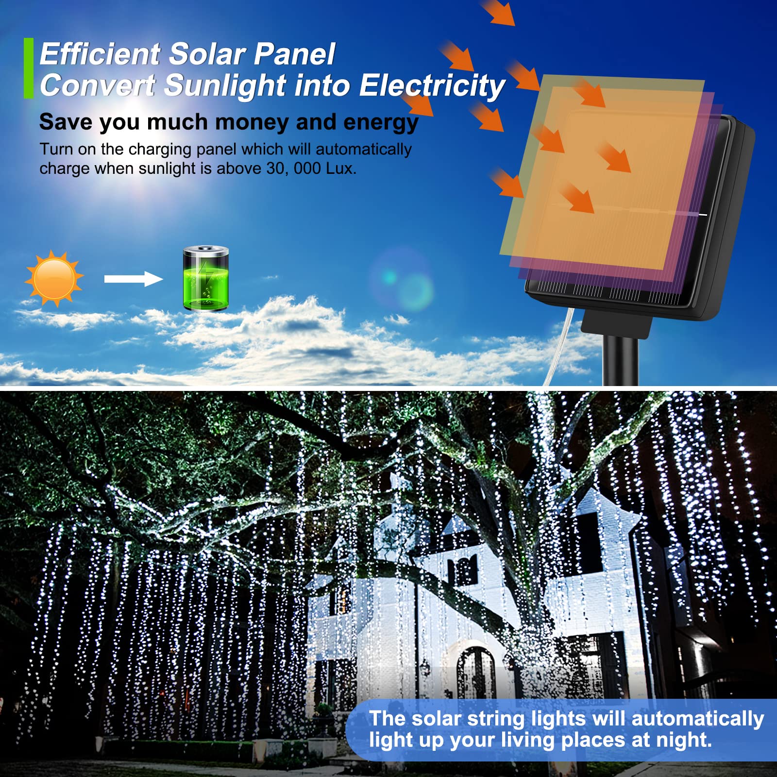 Brightever Solar LED String Lights, 288ft, 4-Pack, 200 LEDs, Waterproof, Daylight White