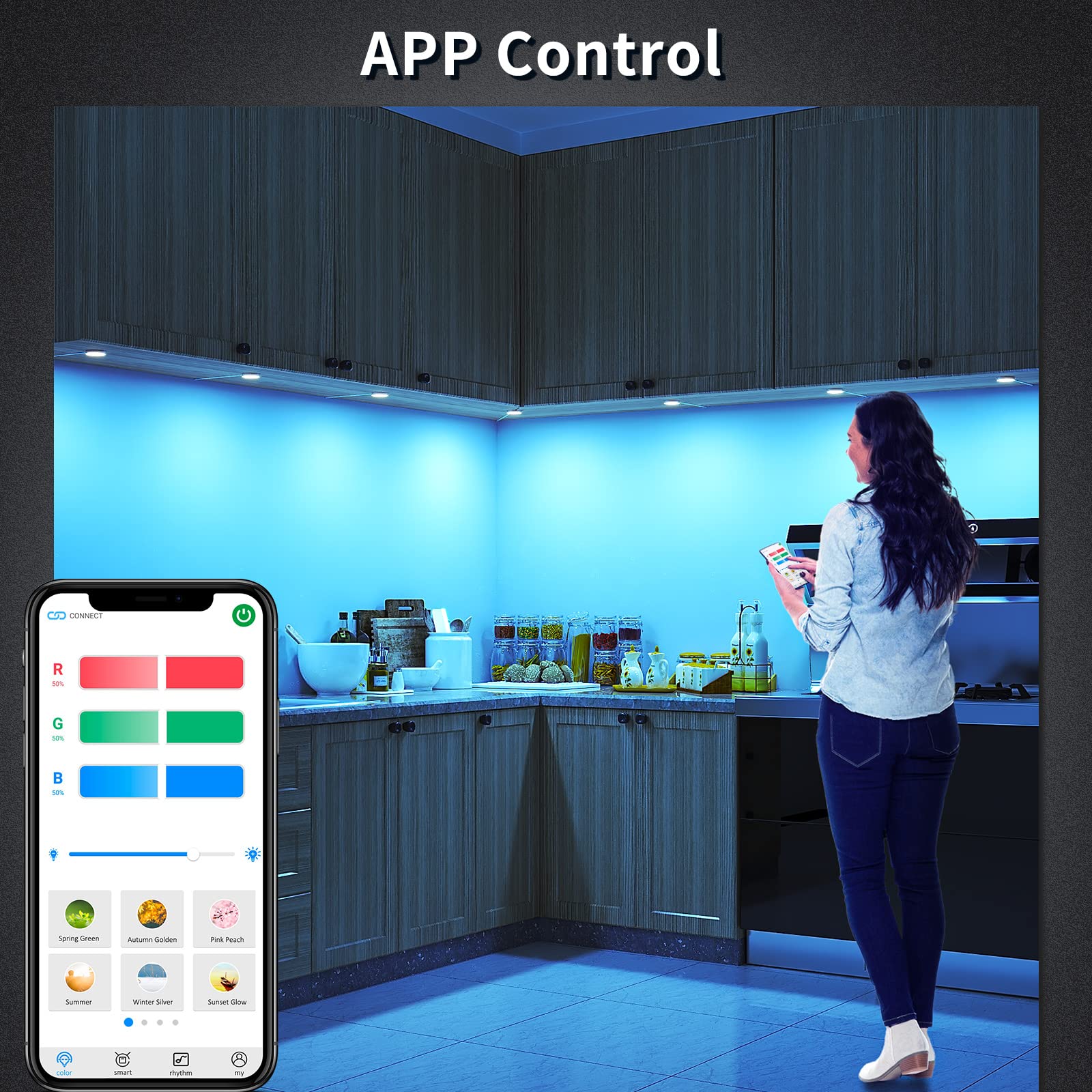 BASON LIGHTING RGB Under Cabinet LED Puck Lights, Bluetooth App Control, Dimmable, Glass, Model CS112