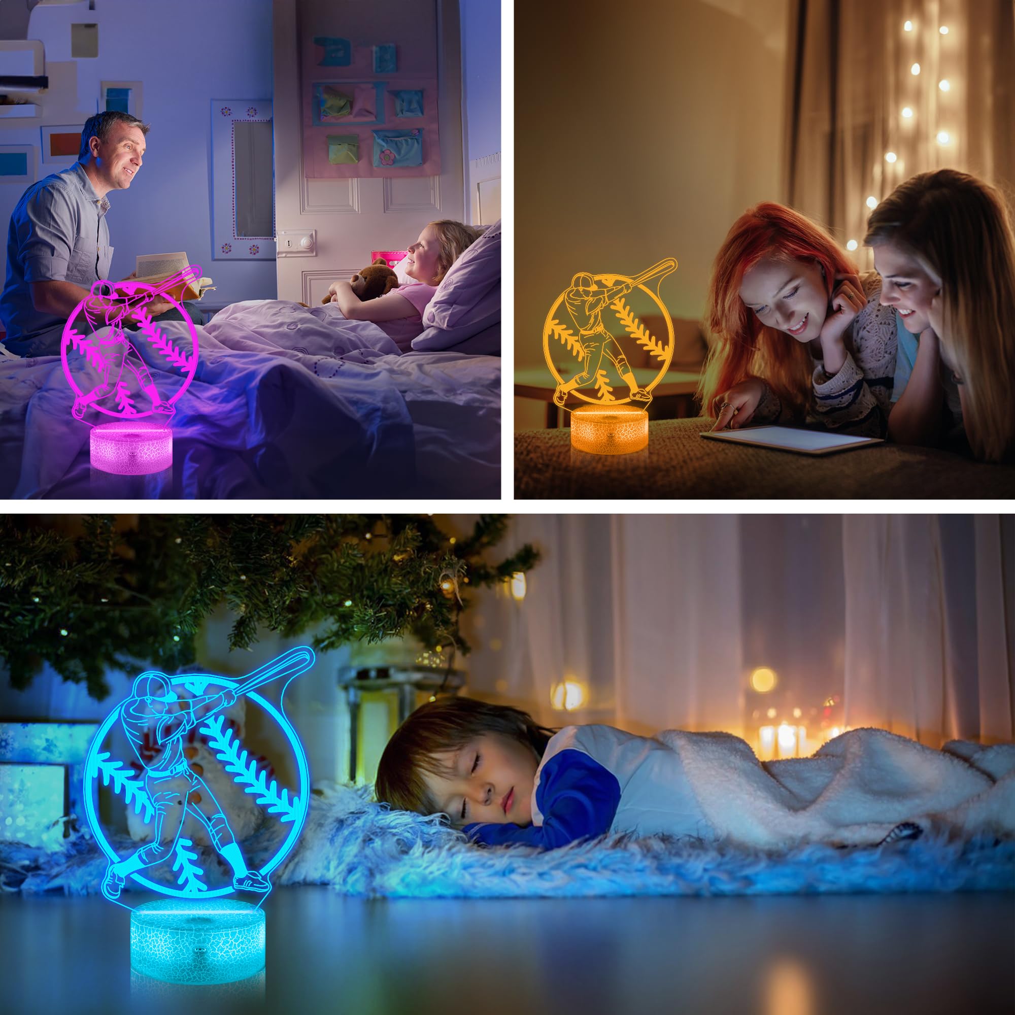 OkiyiD Baseball 3D Illusion Lamp, Remote Control Night Light, 16 Colors, Boys Room Decor, Model FS-2810-9999, Color 12