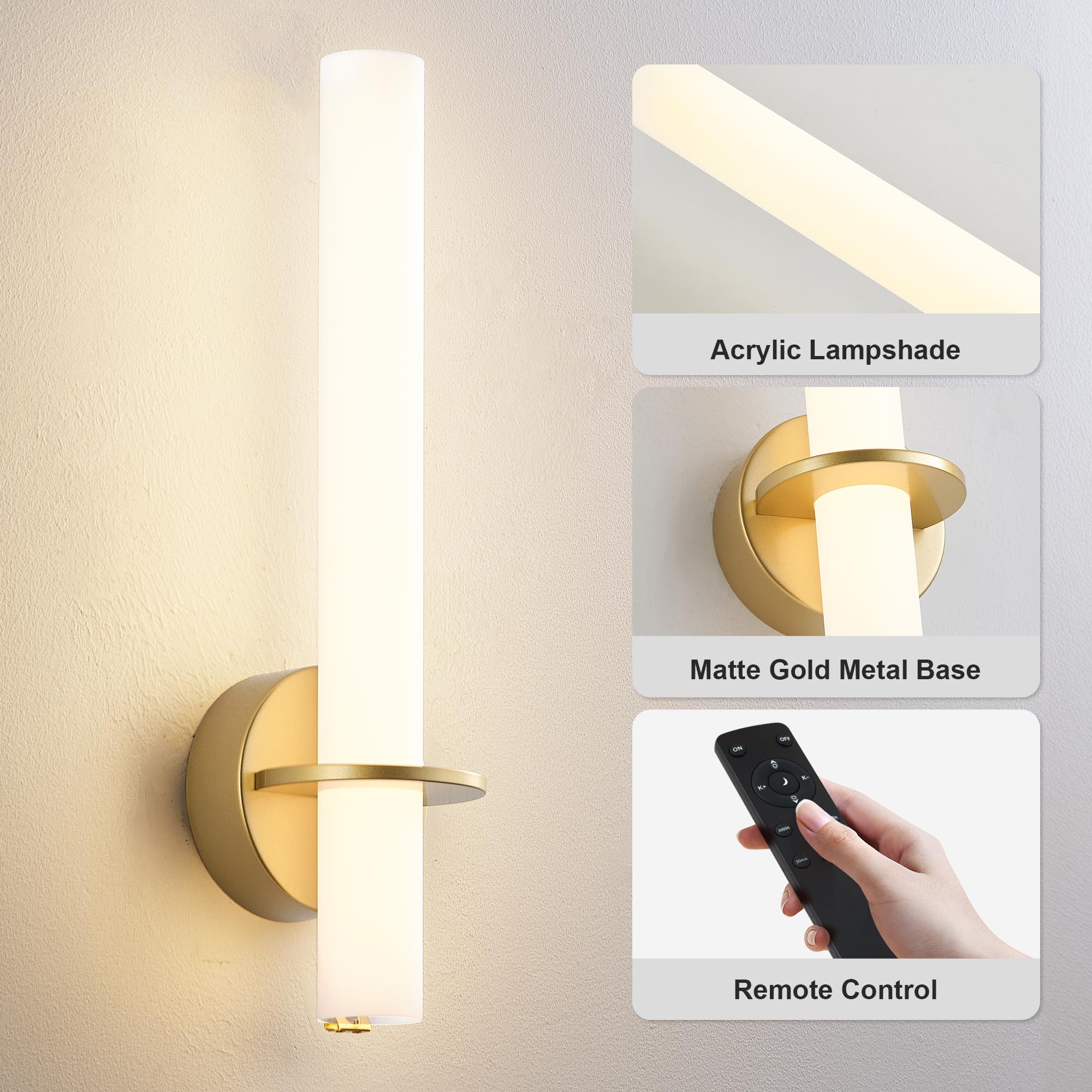 KARTOOSH Gold Battery Operated Sconce Set of 2, 18 Inch Dimmable Wireless Wall Lights with Remote Control, 3000K-6000K
