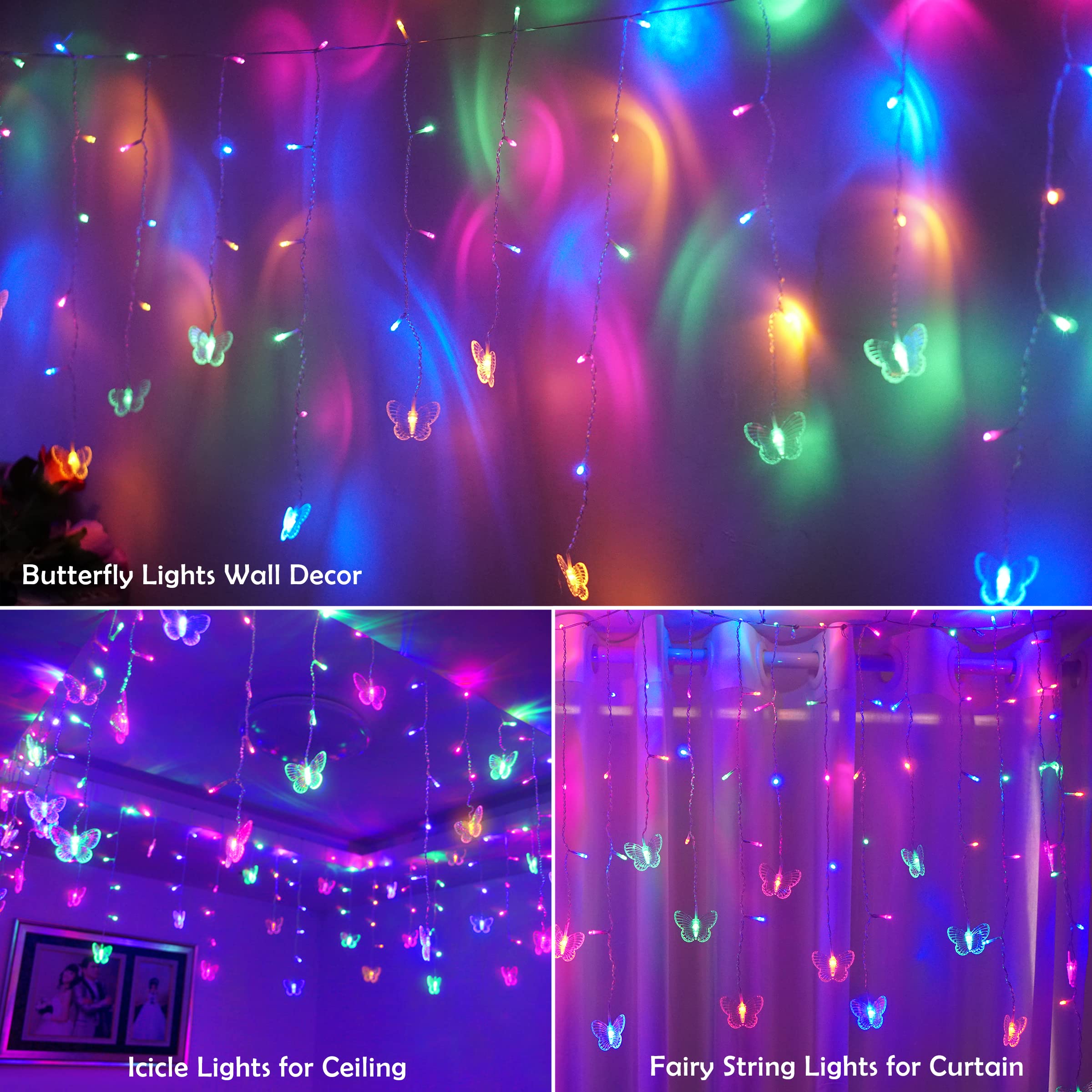 SunKite 120 LED Butterfly Curtain Fairy Lights - 20FT, Multi-colored, USB Plugged, 8 Modes, Waterproof for Kids Bedroom, Christmas, Party