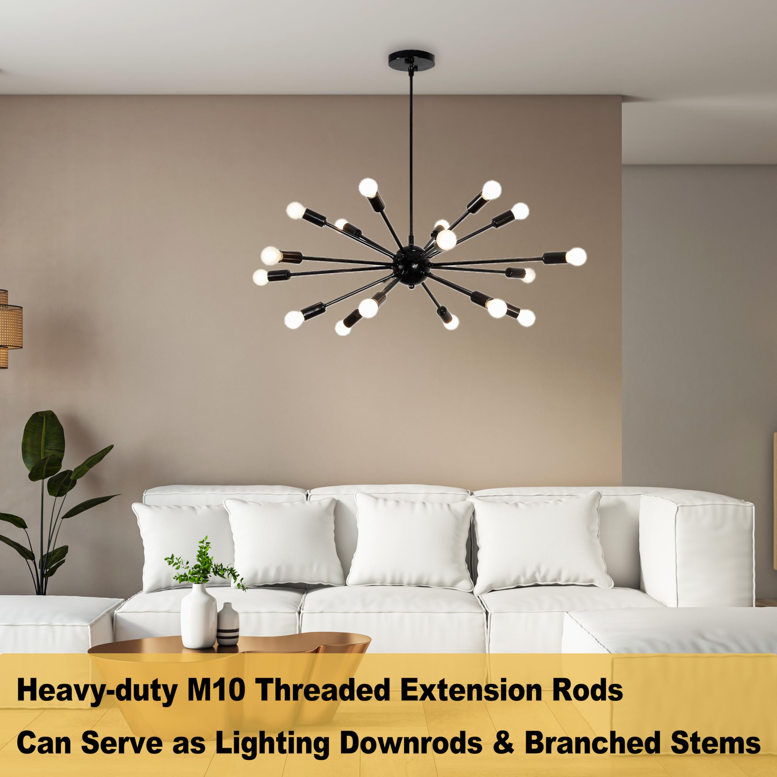 MAYOMAJO 8-Piece M10 Threaded Extension Poles Kit for Pendant Lights, Black, Model EXD-4+4, Includes Sloped Ceiling Adapter