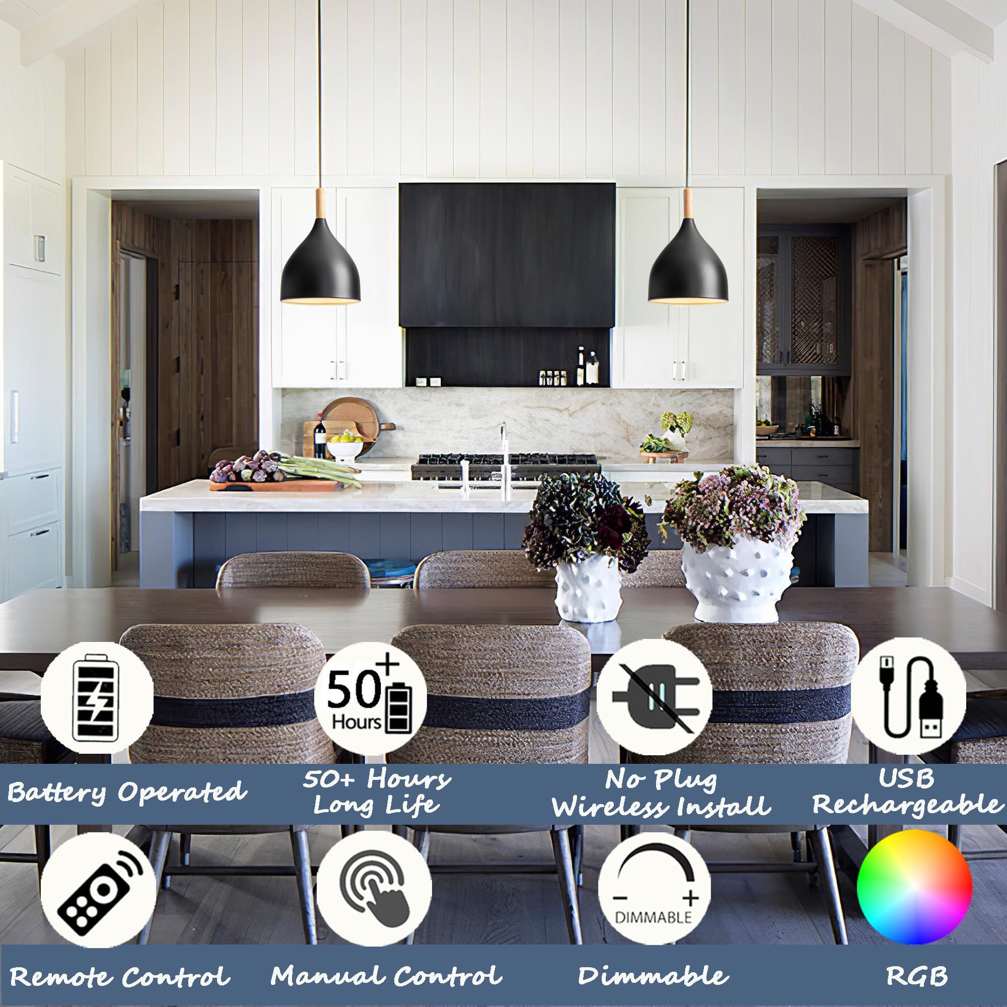 Civaza Battery Operated Hanging Light With Remote,Kitchen Island Chandelier Set Of 2 Non Hardwired,Battery Pendant Light With 50