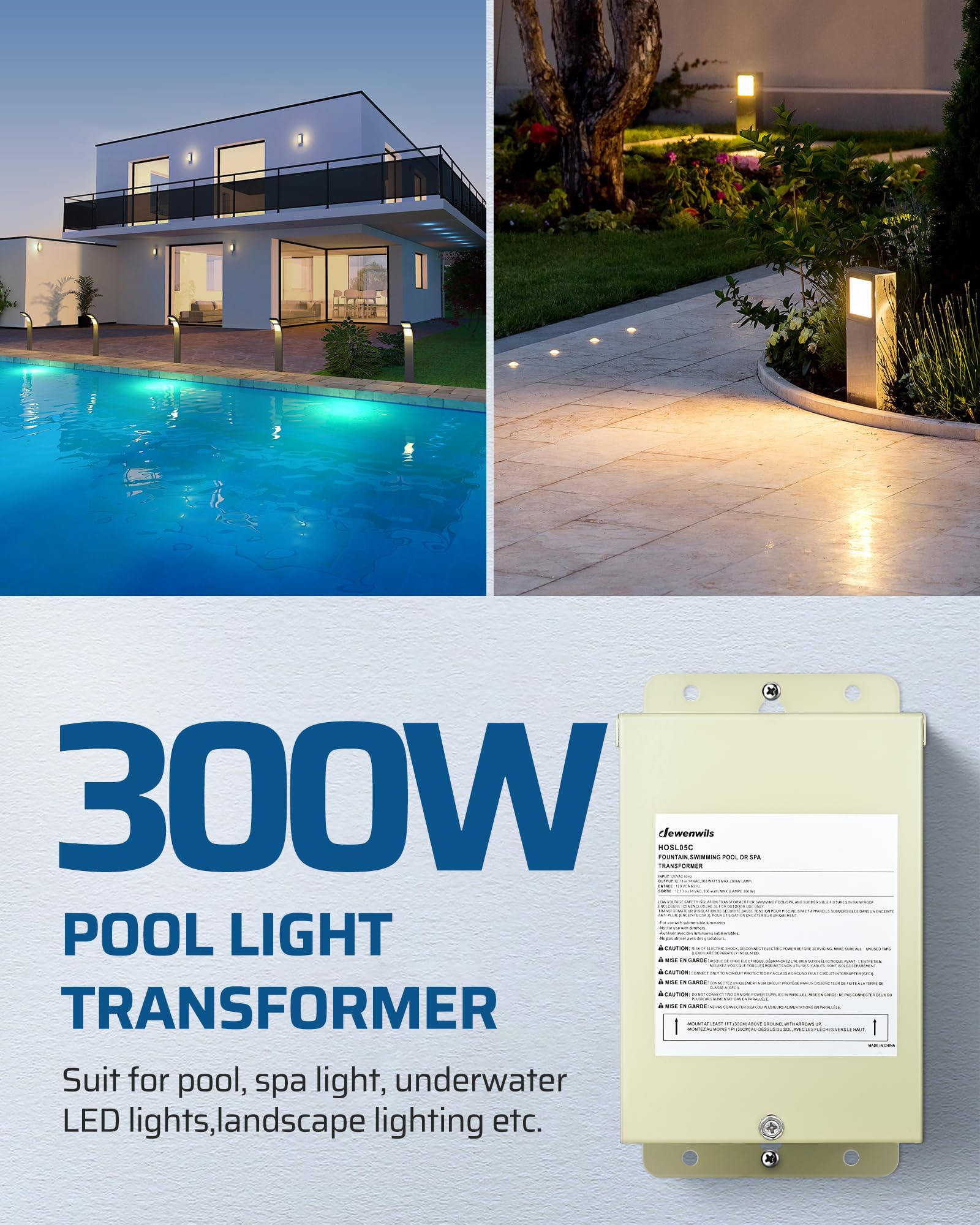 Dewenwils 300W Low Voltage Pool Light Transformer, 120V Ac To 12V/13V/14V Ac, Multi-Tap Safety Transformer For Pool Lighting, Spa, Underwater Fountain Lights, Outdoor Landscape Lights…