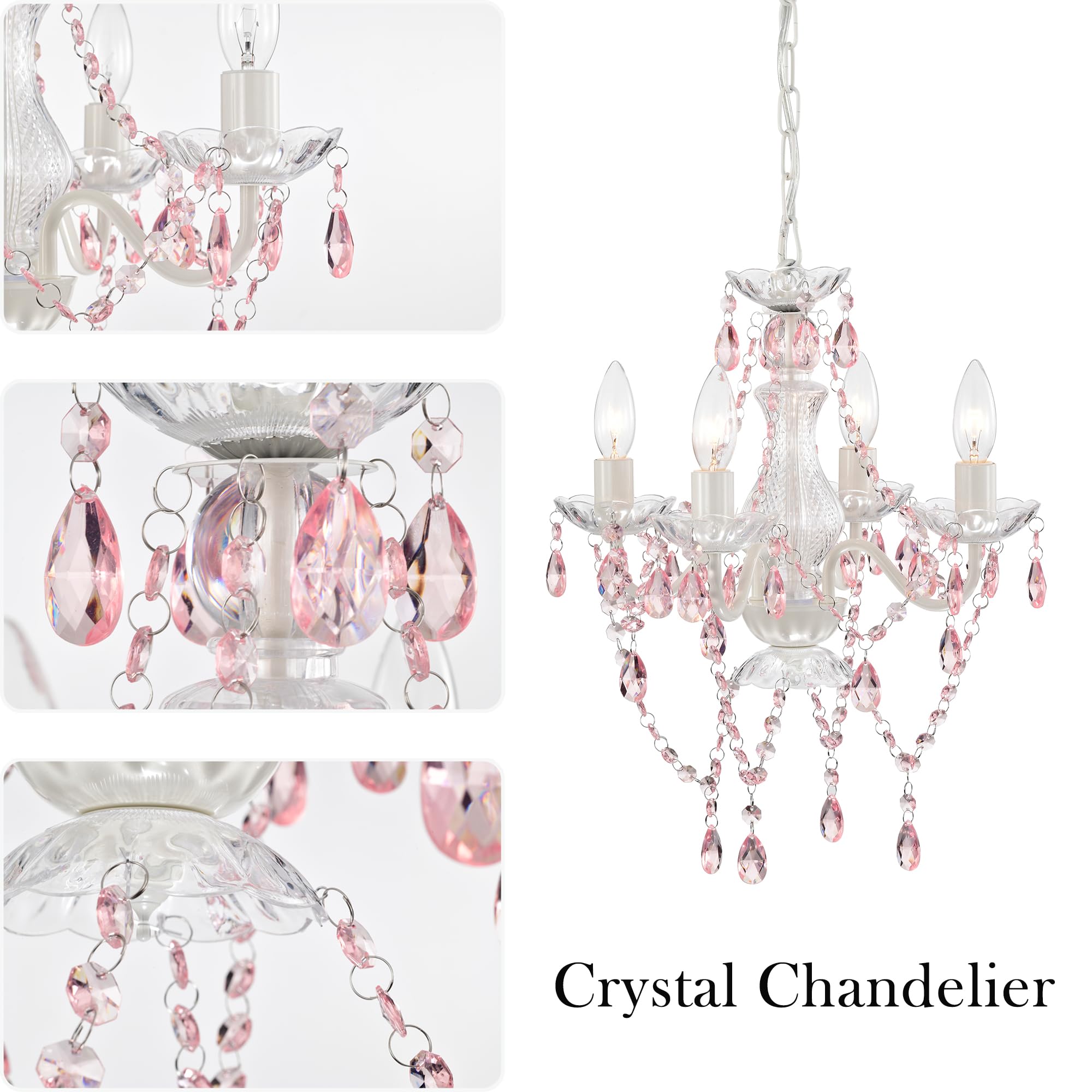 Alighting Pink Plug-In Chandelier - 4 Light White Crystal Accent Swag Lighting, Small Size