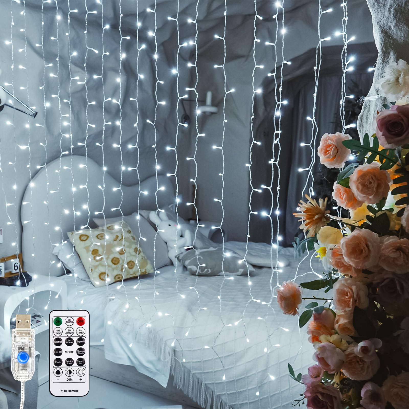 SINAMER Curtain Light for Bedroom, 200LED 6.6x6.6ft White Window Wall Hanging Fairy Curtain String Light, 8 Modes Remote Fairy String Lights Indoor for Wedding Party Home Garden Decorations