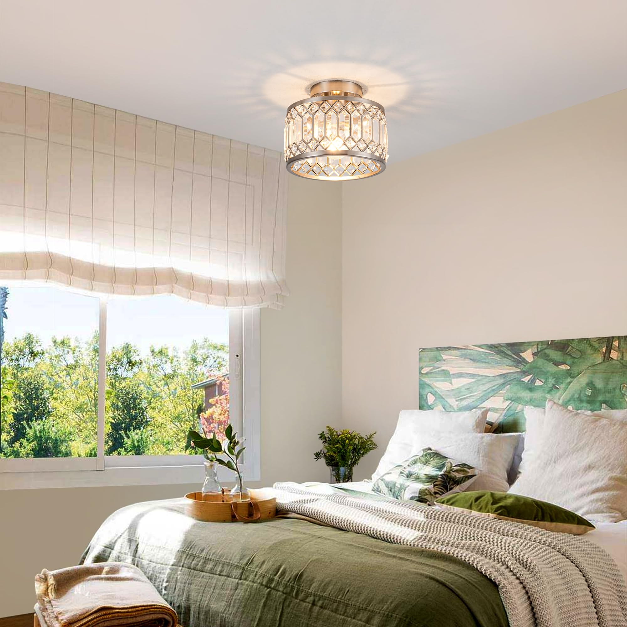 Rpzloila Crystal Ceiling Light Fixture, Modern Semi Flush Mount Ceiling Light,Crystal Chandelier For Kitchen Bedroom Bathroom En