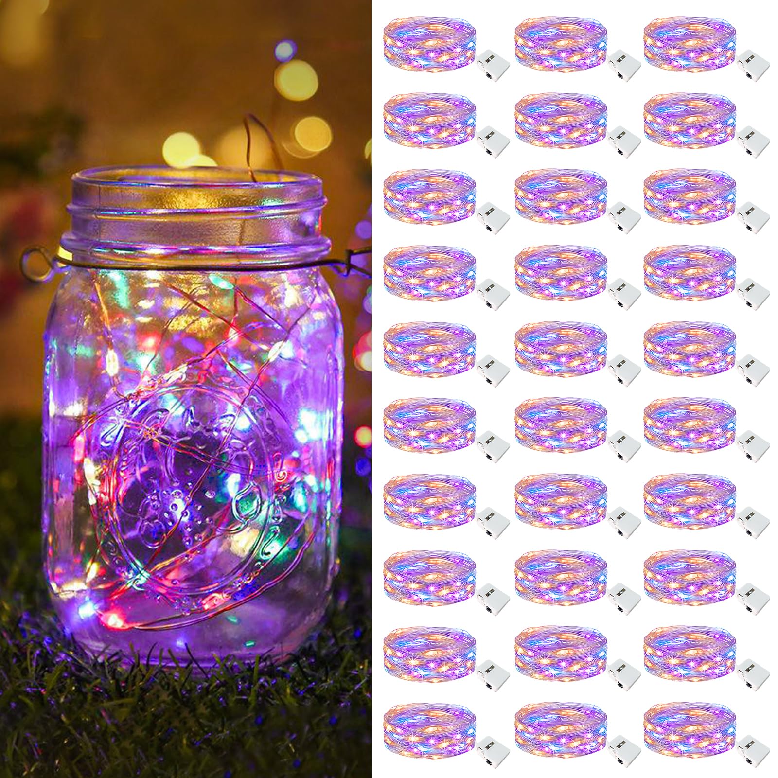 Btfarm 30 Pack Fairy Lights Battery Operated [3 Modes], 7Ft 20 Led Twinkle Lights String Lights Waterproof Bulk Small Mini Silver Wire For Mason Jars Vases Wedding Table Centerpiece, Multicolor