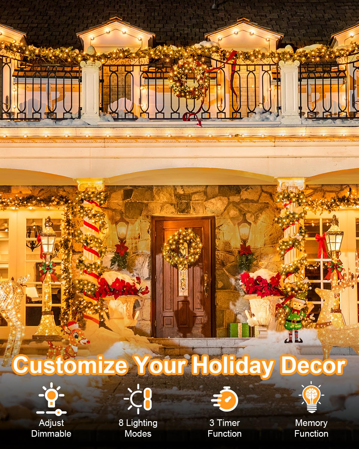 JIXXULVU 380 LED Outdoor Christmas Lights, 250FT Waterproof, Warm White, 8 Modes, Timer, PVC & Copper Wire