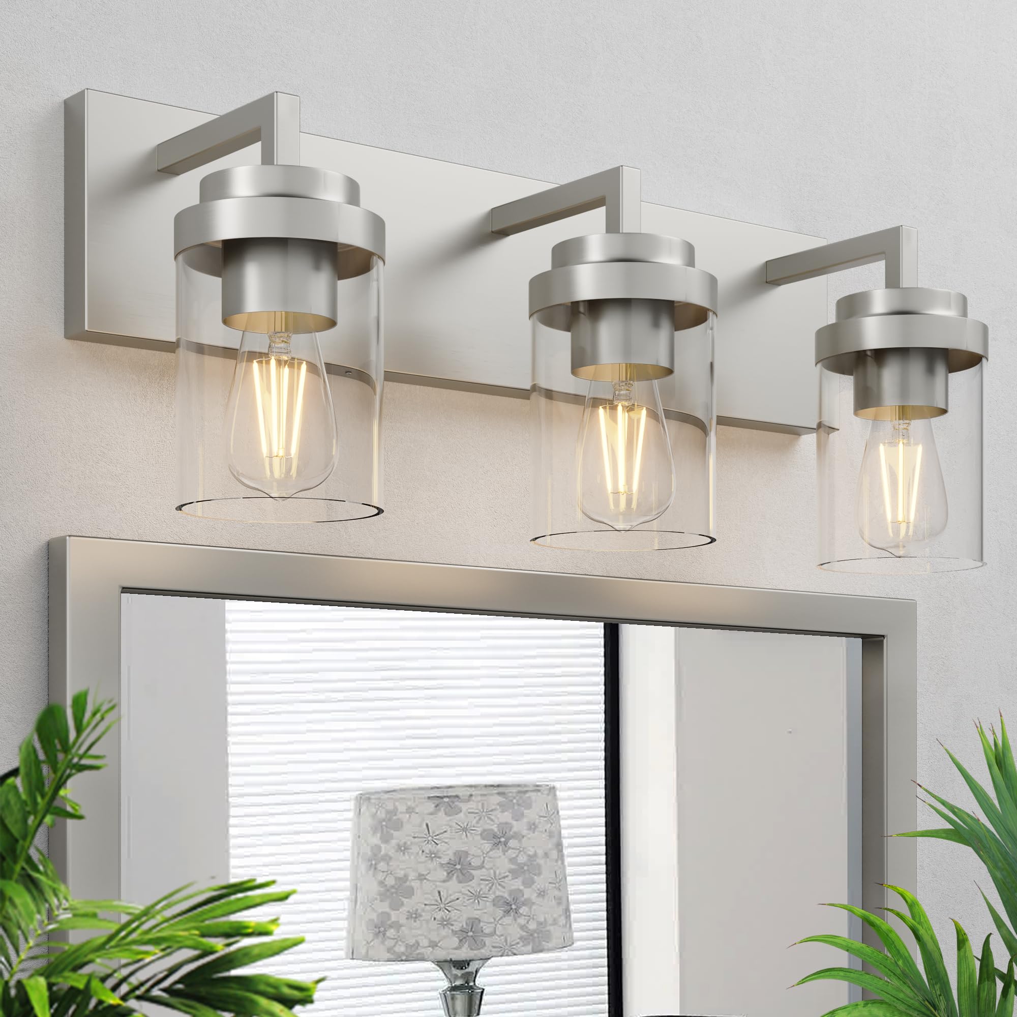 Espird 3-Light Bathroom Vanity Light Fixture, Brushed Nickel, Glass Shade, Model L08-3-NL