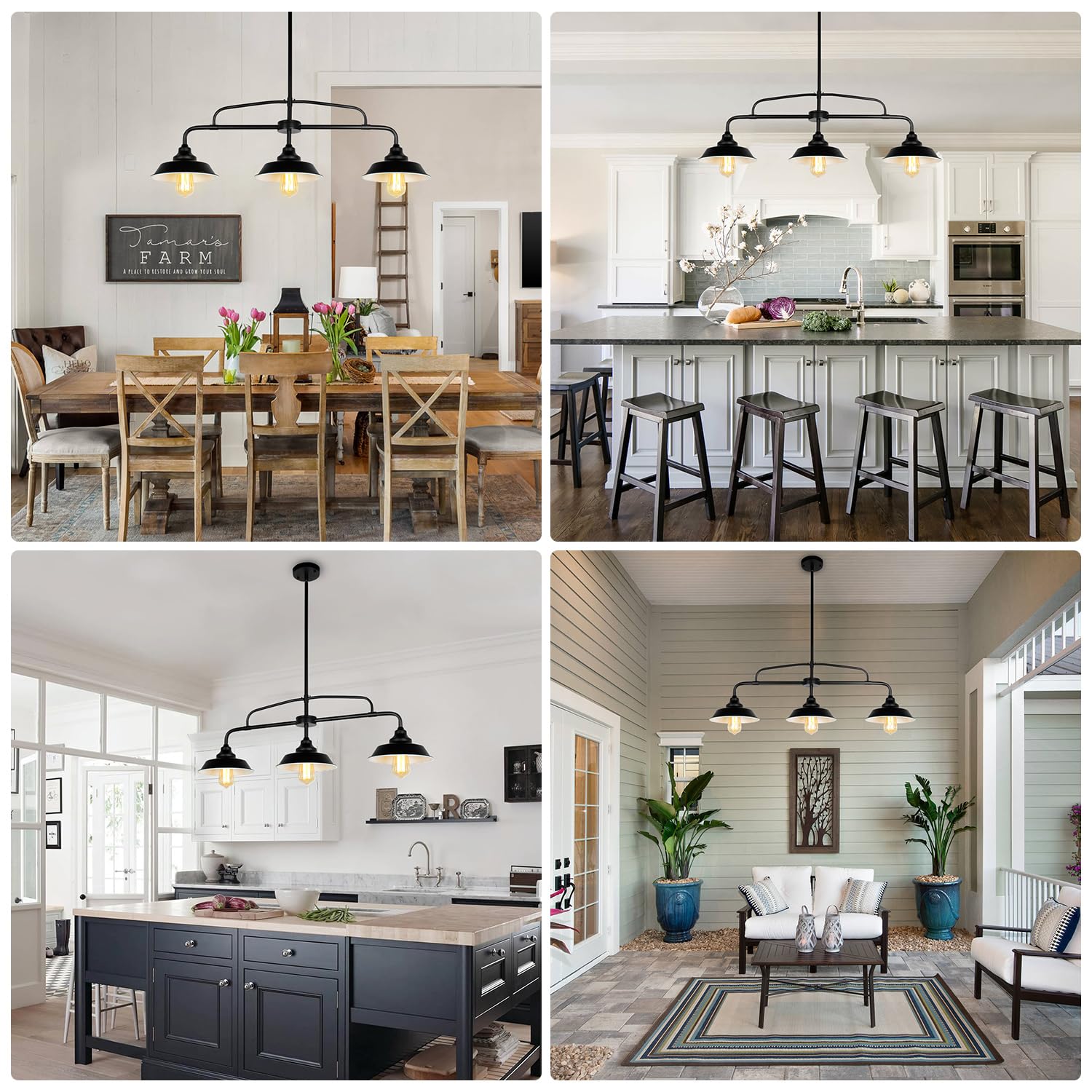 PUZHI HOME Black Pendant Lighting Fixture, 3-Lights Modern Farmhouse Chandelier, Metal, Model 34