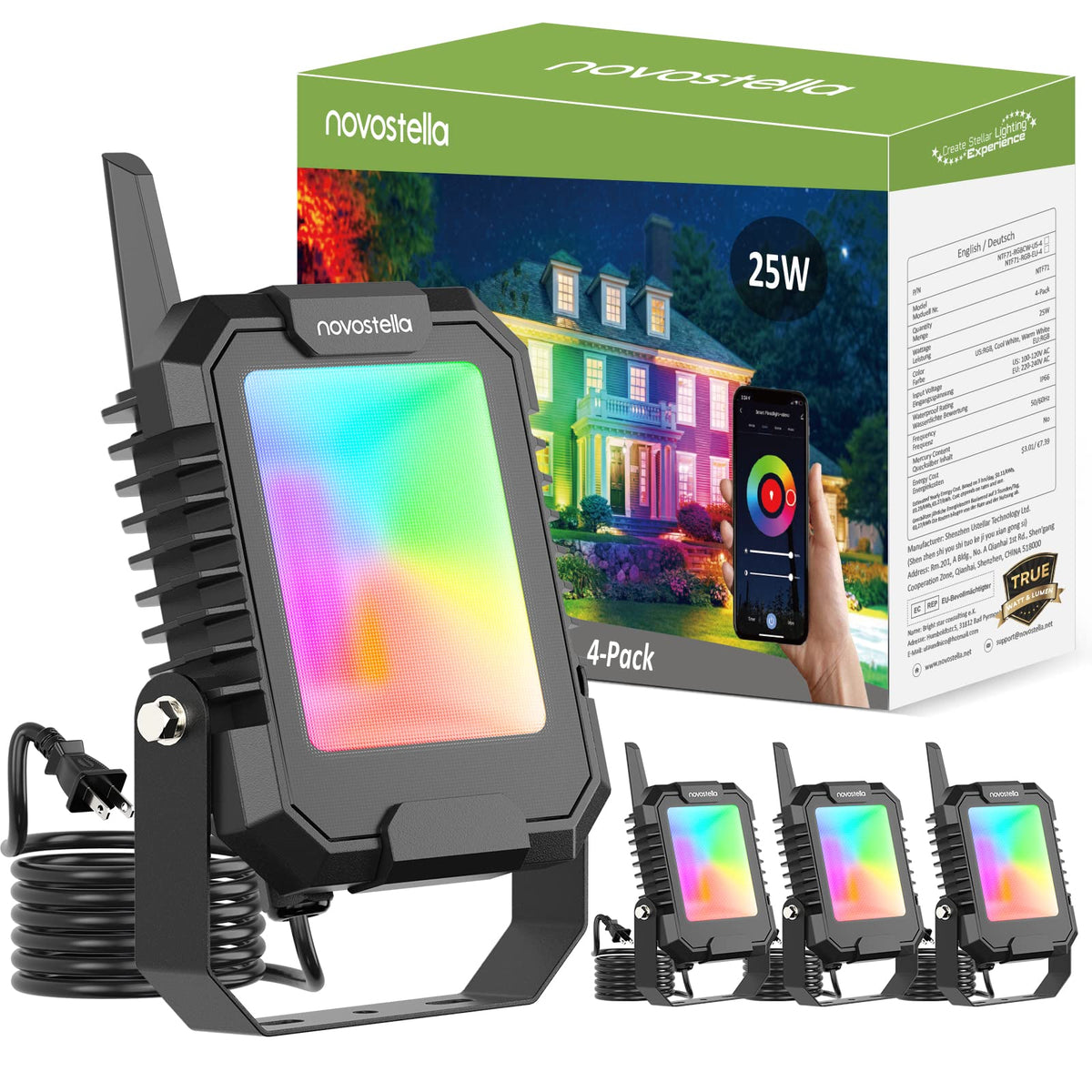 Novostella 25W Smart Rgb Led Flood Light - 4 Pack, Tunable White, Ip66 Waterproof, App Control