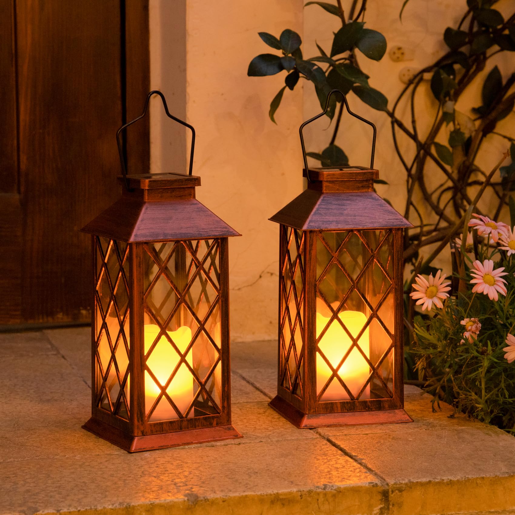 HOMEIMPRO 2Pack Solar Lanterns Waterproof Flameless Candle Lights 11in Medium Antique Copper
