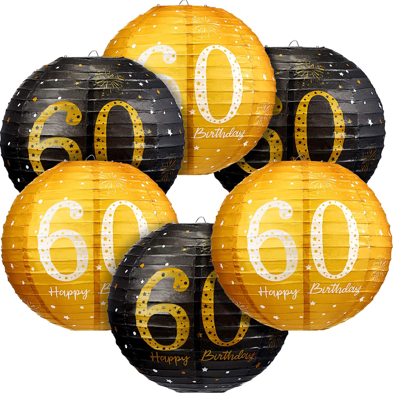 Blulu 6 Pieces Birthday Party Decorations Hanging Paper Lanterns Black Gold Glittery Anniversary Sign for Men Women Teen Birthda
