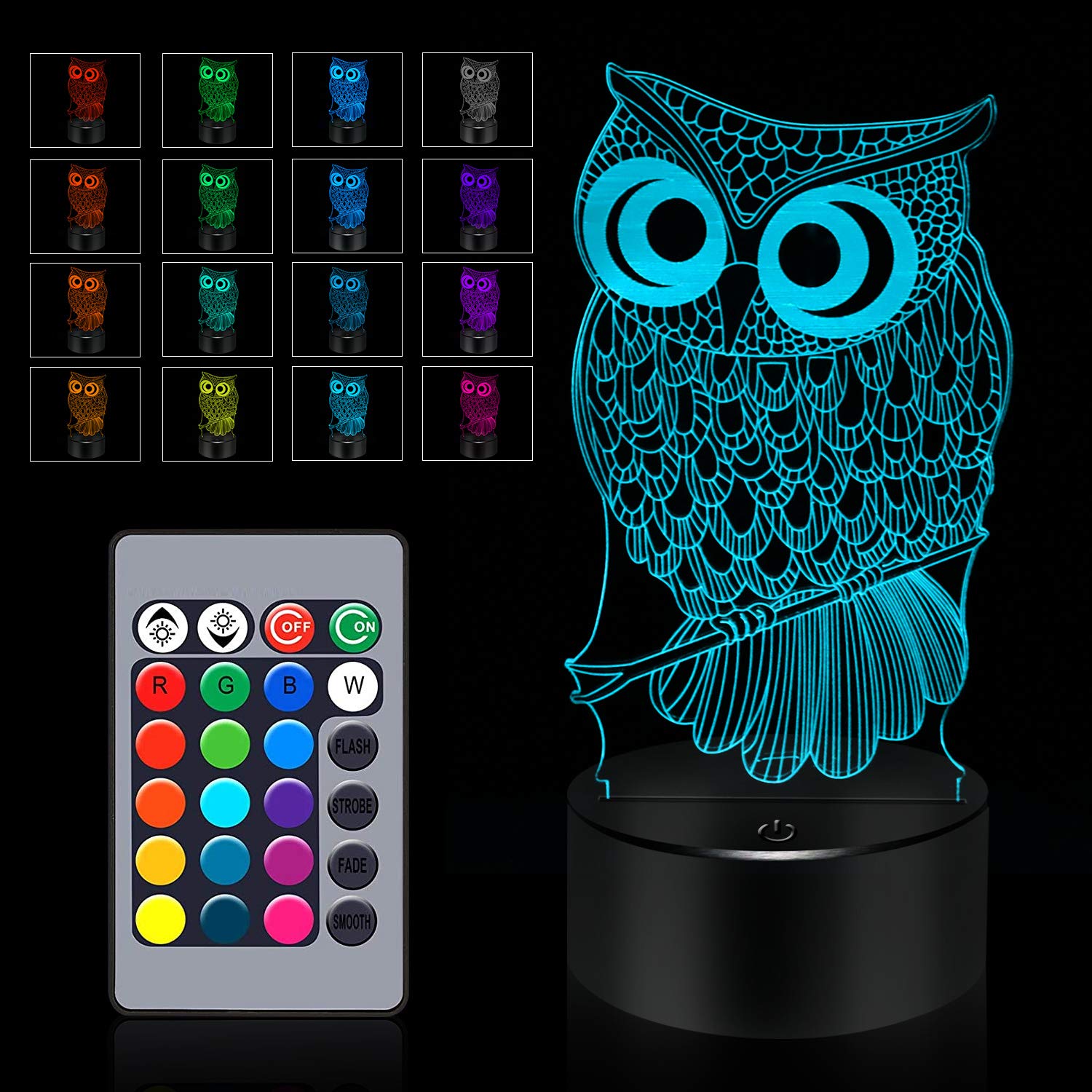 Bassi 3D Owl Lamp - Touch & Remote Control, 16 Color Night Light For Kids & Gifts