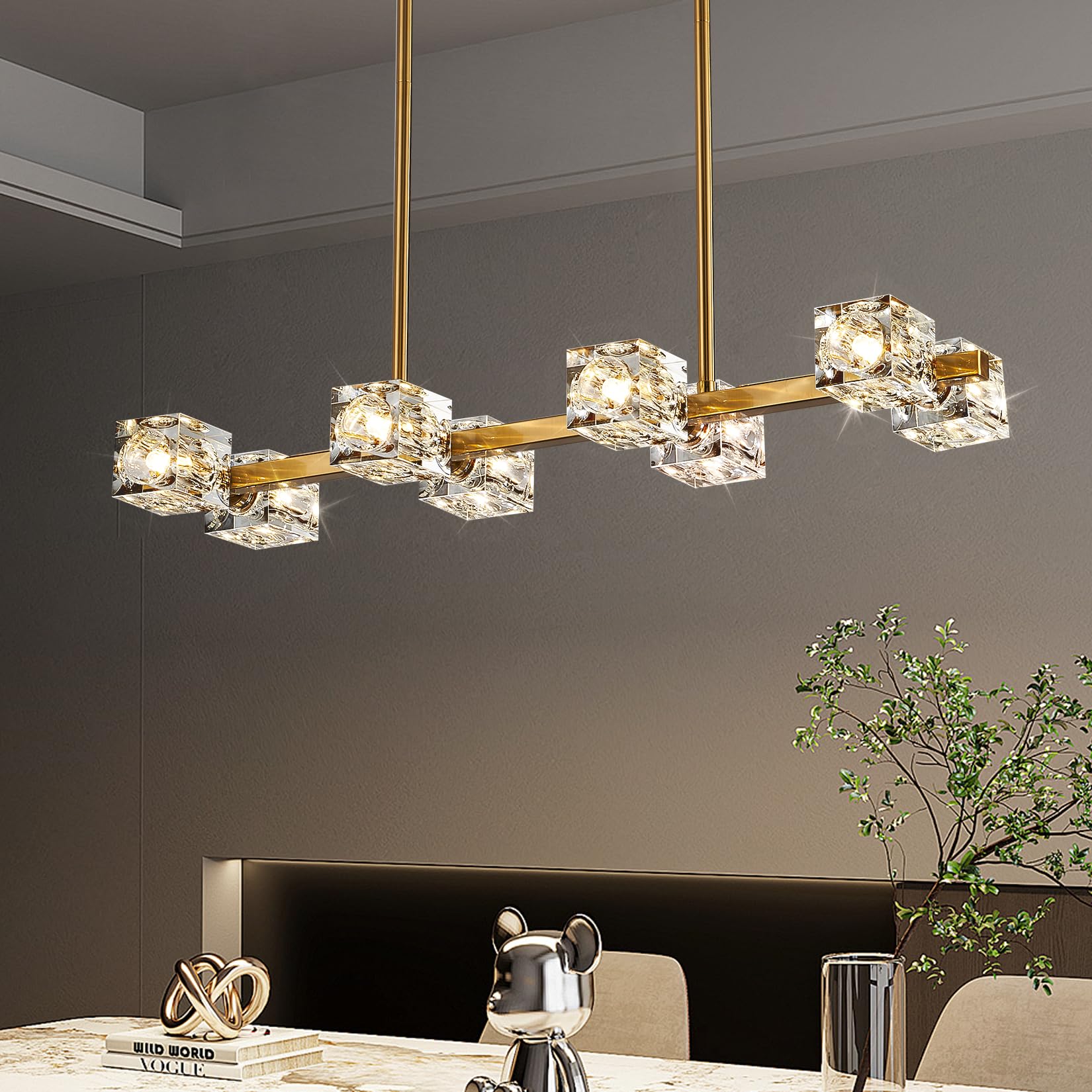 OKES Dining Room Light Fixture,Gold Crystal Chandelier Rectangular Pendant Light with 8 Light Farmhouse Farmhouse Chandeliers fo