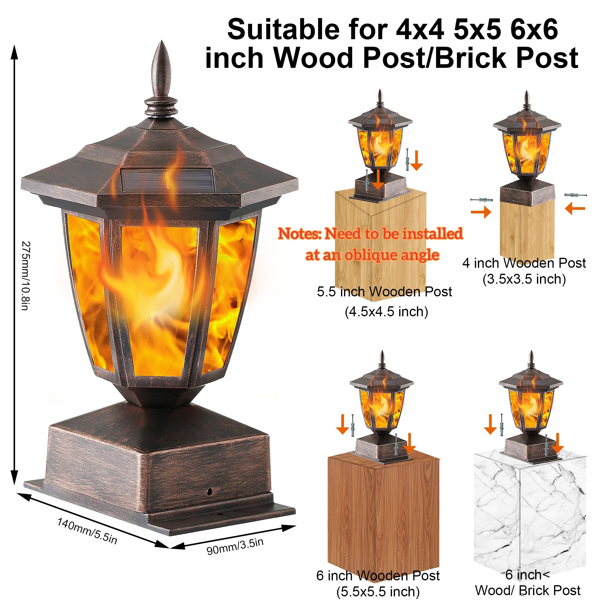 Dynaming 4 Pack Solar Flame Post Lights Outdoor, Solar Powered Lamps Fence Post Cap Lights, Flickering Flame Led Lantern Waterpr