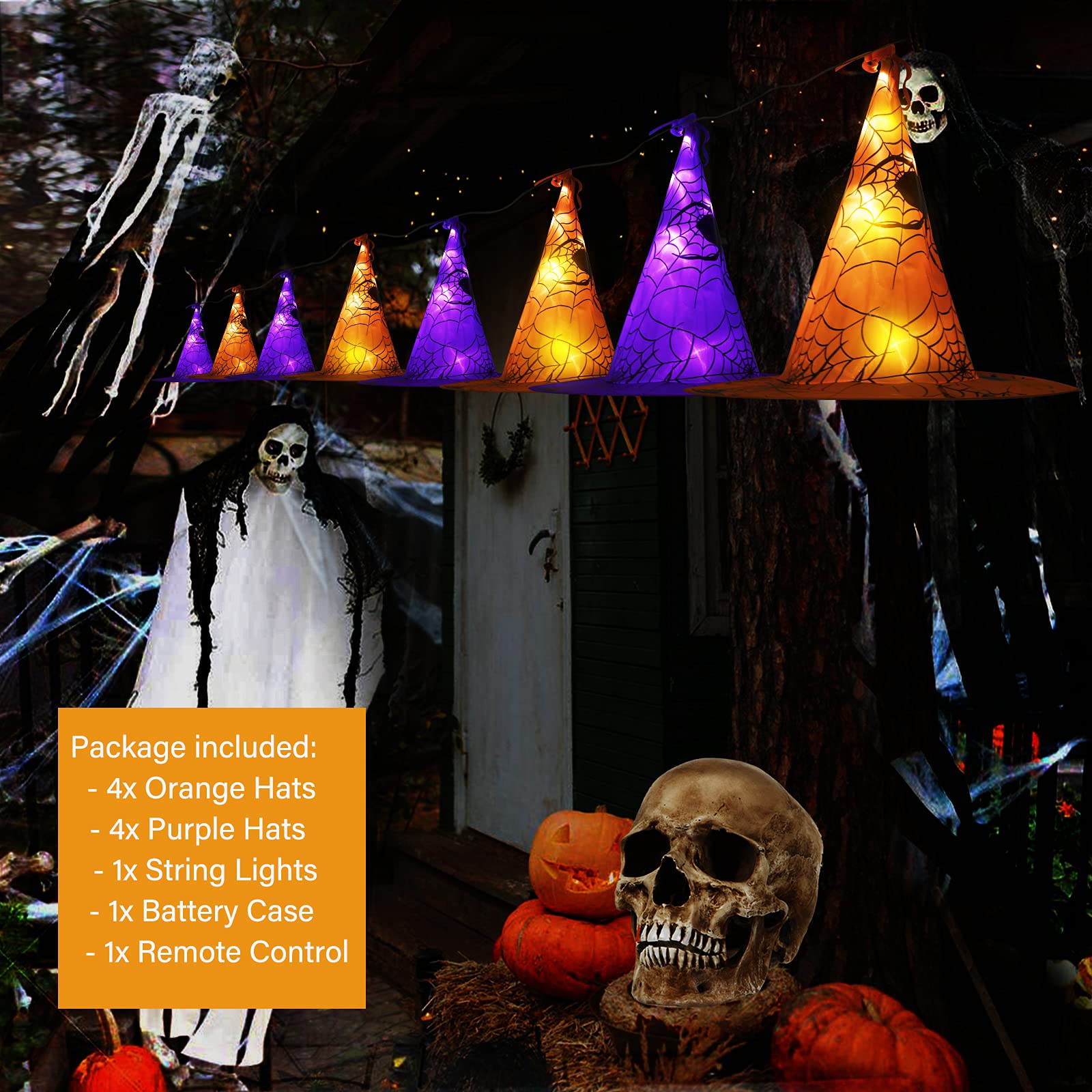Minetom Halloween Lights Witch Hat - 56 LED Battery Operated, Purple & Orange, Remote & Timer, Indoor/Outdoor Decoration