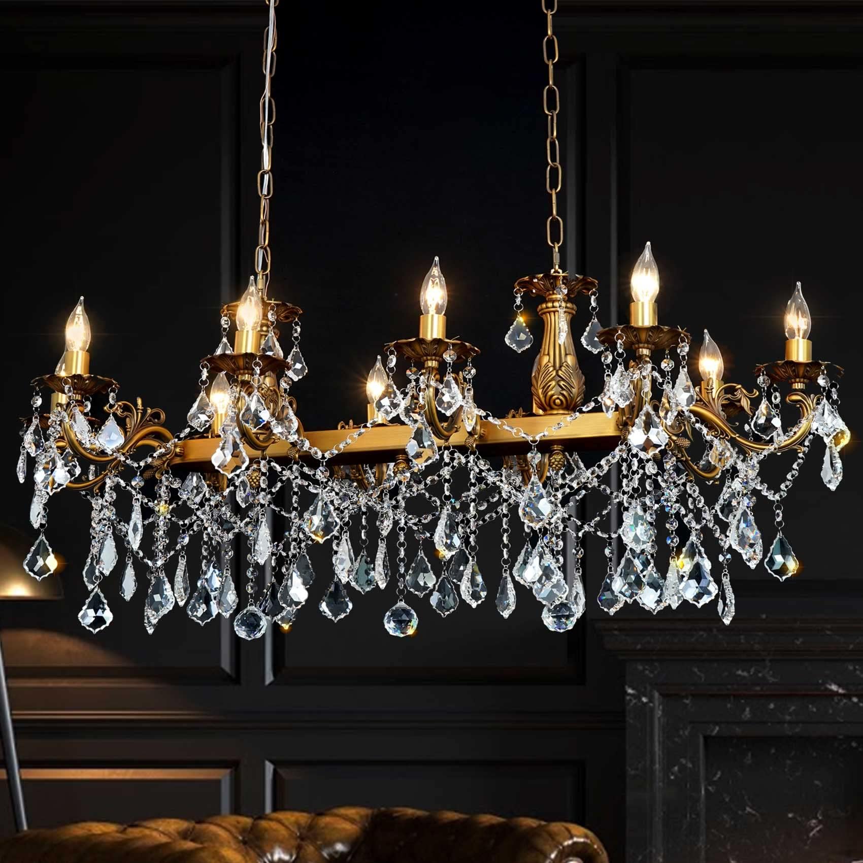 MEEROSEE Crystal Chandeliers Contemporary Chandelier Island Lighting 10 Lights Candle Rectangle Hanging Ceiling Pendant Light Fixture for Dining Room Living Room Kitchen Island Entry L42.91