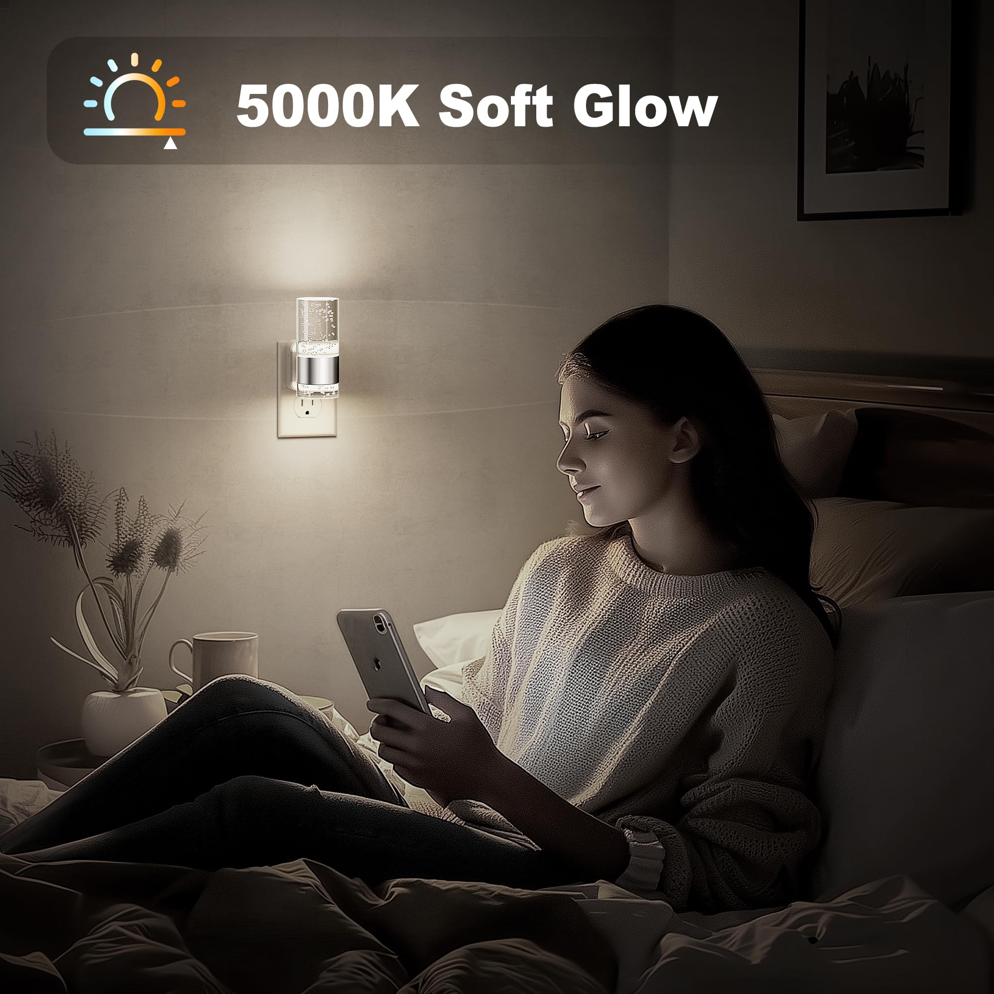 JandCase LED Night Light Plug-in, 2 Pack Adjustable Brightness, 5000K Acrylic, Auto Light Sensor for Bathroom & Hallway Decor