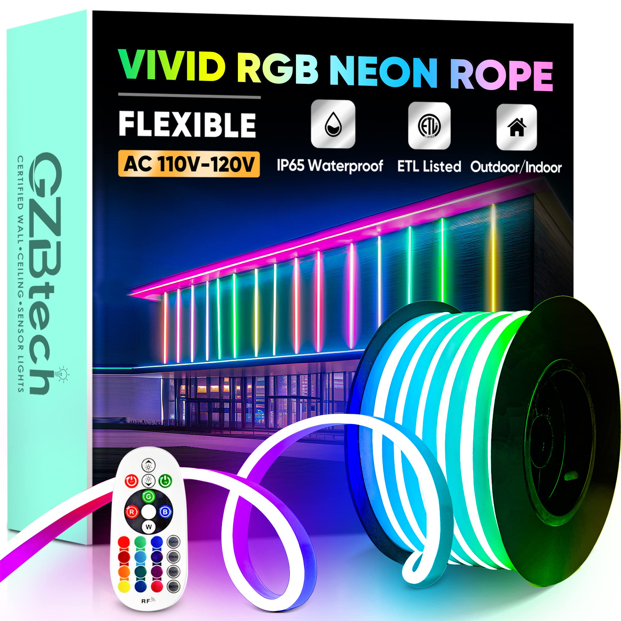 Gzbtech Rgb Led Neon Rope Lights 33Ft/10M  Ac 110-120V Waterproof Color Changing Led Rope With Remote Controller  Dimmable Multi Color Neon Rope Lighting For Indoor Outdoor Commercial Use